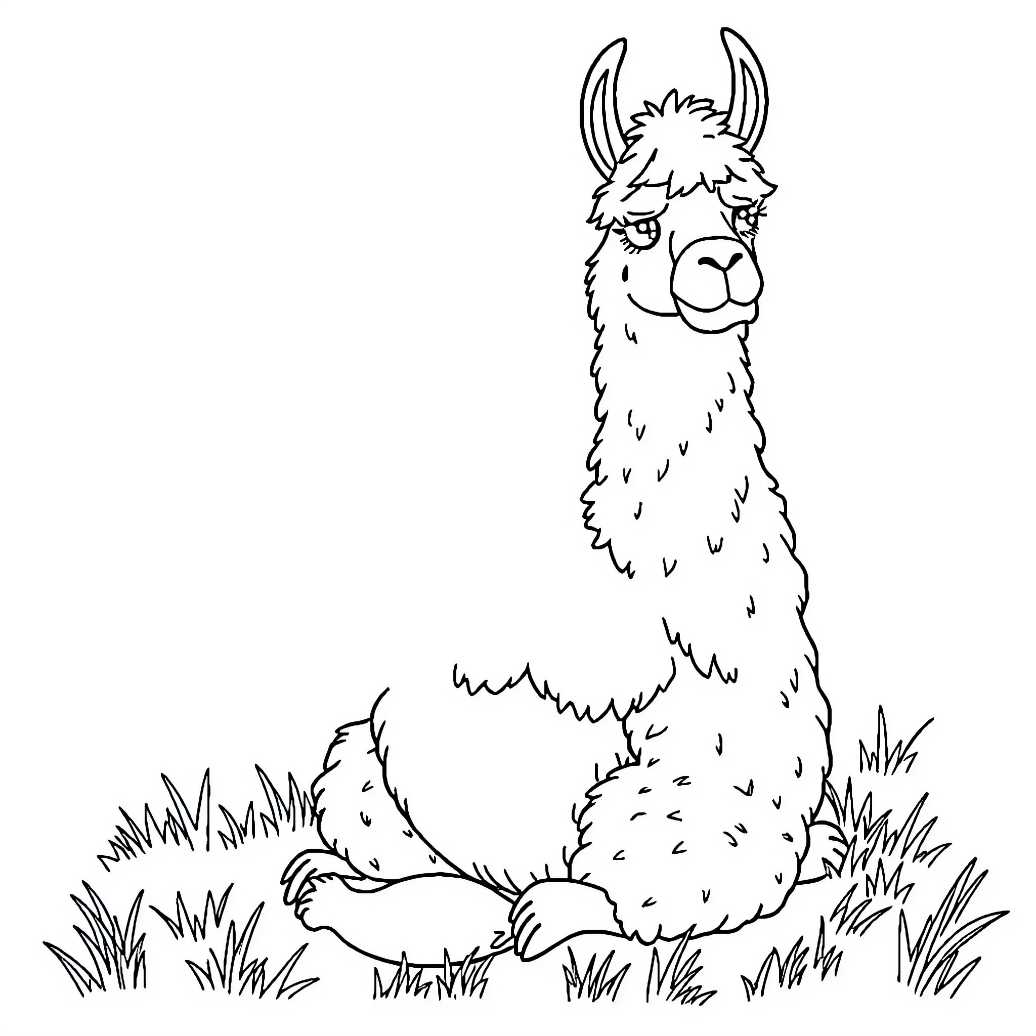 Llama relaxing in the grassy field Coloring Page (free black-and-white line drawing printable PDF for all, from beginners to advanced learners, including children, teens, adults, and seniors)