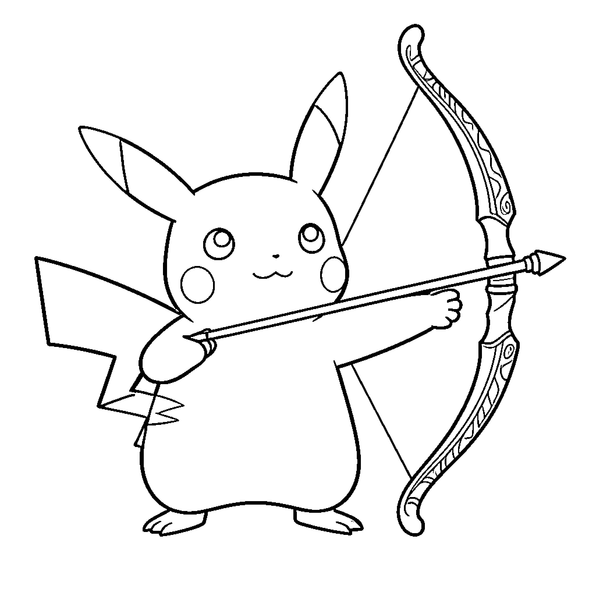 Pikachu aiming a bow and arrow Coloring Page (free black-and-white line drawing printable PDF for all, from beginners to advanced learners, including children, teens, adults, and seniors)