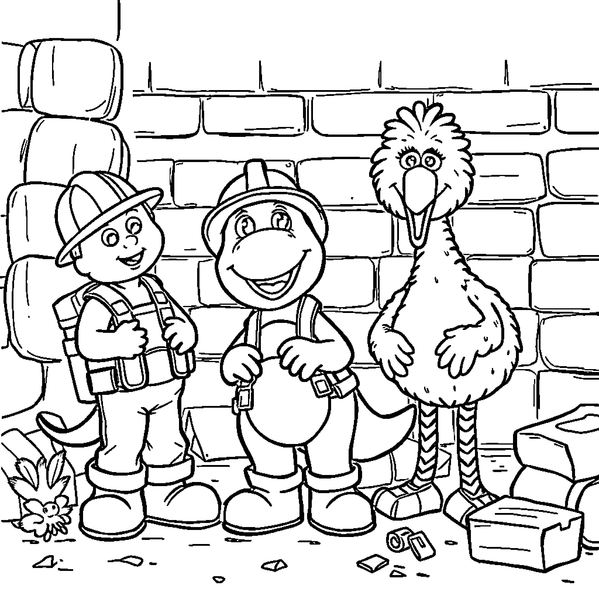 Builder characters in an animated scene Coloring Page (free black-and-white line drawing printable PDF for all, from beginners to advanced learners, including children, teens, adults, and seniors)