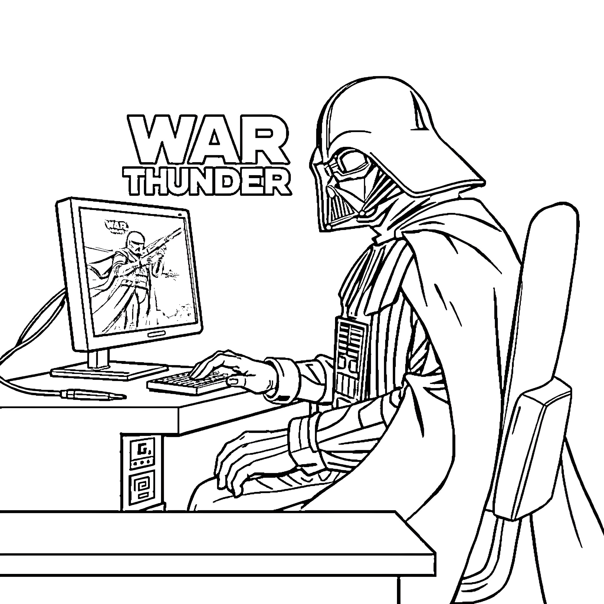 Darth Vader playing War Thunder video game Coloring Page (free black-and-white line drawing printable PDF for all, from beginners to advanced learners, including children, teens, adults, and seniors)