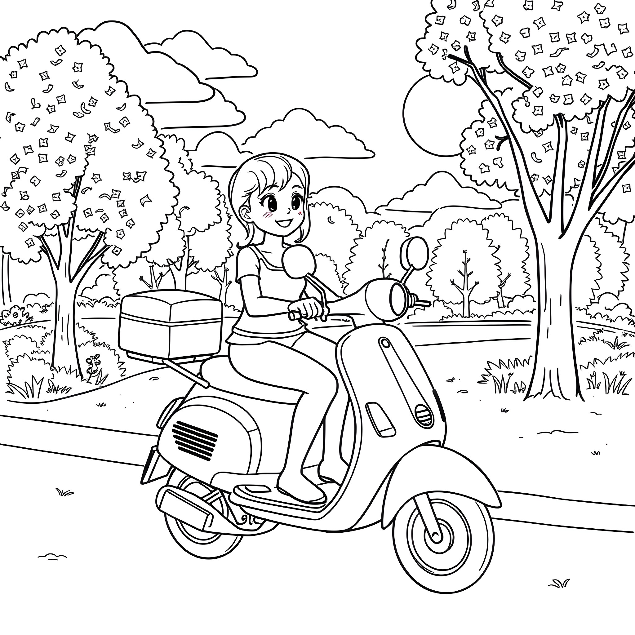 Bluey's Scooter Adventure in the Park Coloring Page (free black-and-white line drawing printable PDF for all, from beginners to advanced learners, including children, teens, adults, and seniors)