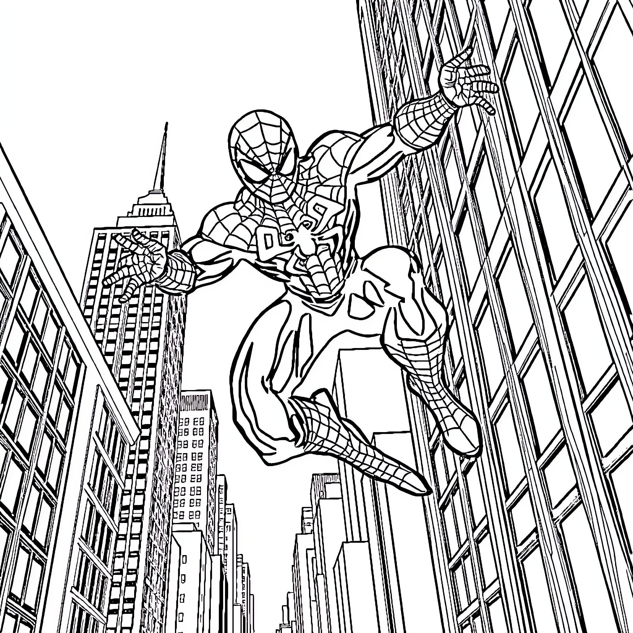 Spider-Man swinging through the city skyline Coloring Page (free black-and-white line drawing printable PDF for all, from beginners to advanced learners, including children, teens, adults, and seniors)