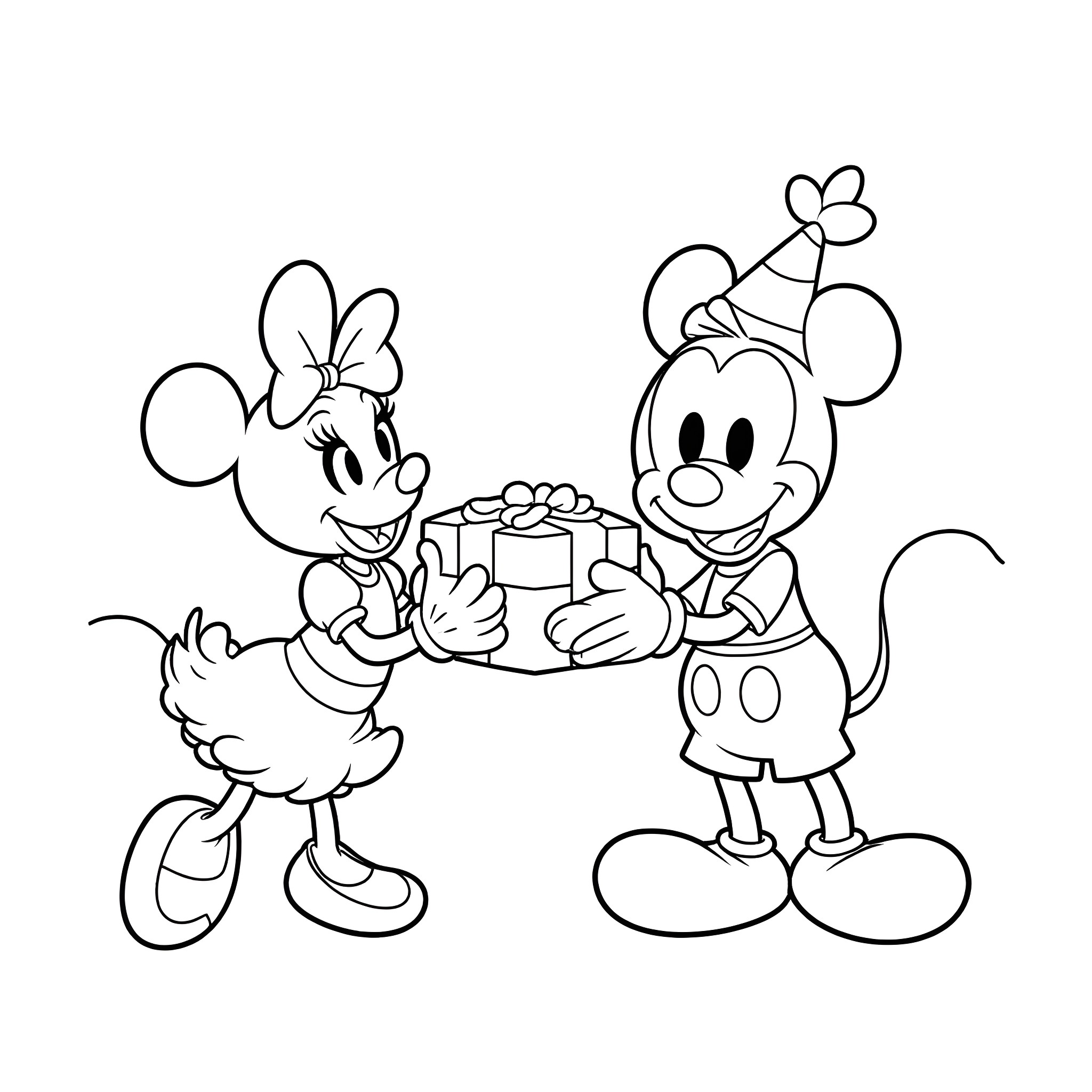 Mickey Mouse and Minnie Mouse celebrating together Coloring Page (free black-and-white line drawing printable PDF for all, from beginners to advanced learners, including children, teens, adults, and seniors)