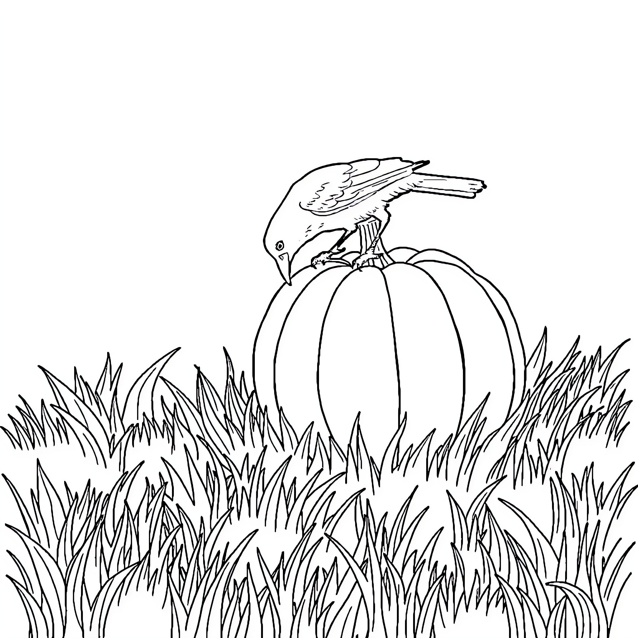 Pumpkin with bird perched on it in field Coloring Page (free black-and-white line drawing printable PDF for all, from beginners to advanced learners, including children, teens, adults, and seniors)