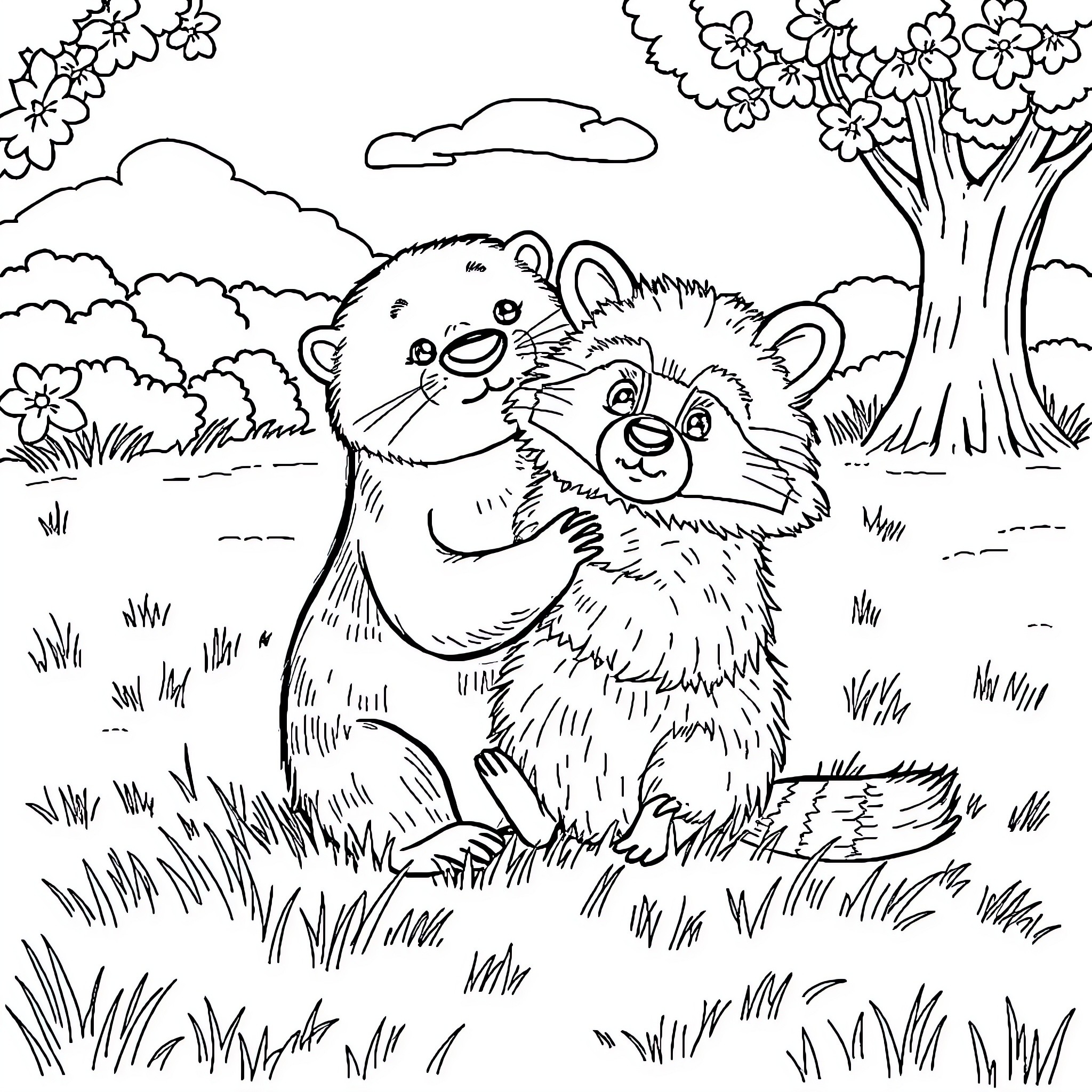 Otter friends exploring the scenic outdoors Coloring Page (free black-and-white line drawing printable PDF for all, from beginners to advanced learners, including children, teens, adults, and seniors)