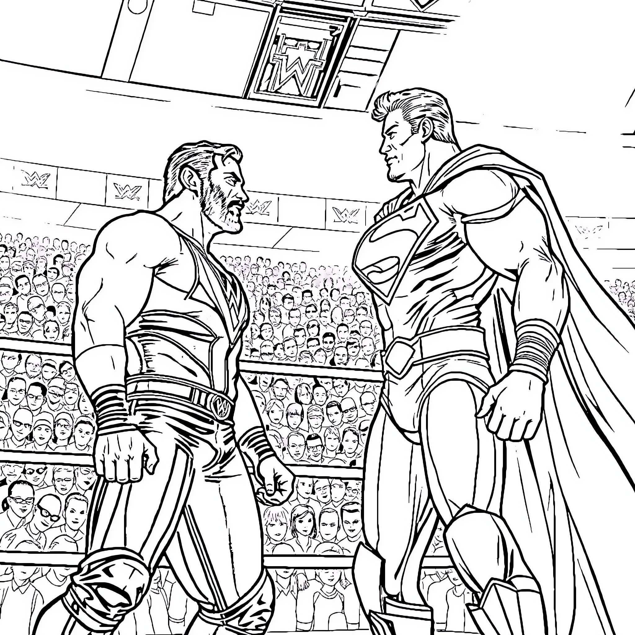 Bayley confronts her rival in the wrestling ring Coloring Page (free black-and-white line drawing printable PDF for all, from beginners to advanced learners, including children, teens, adults, and seniors)