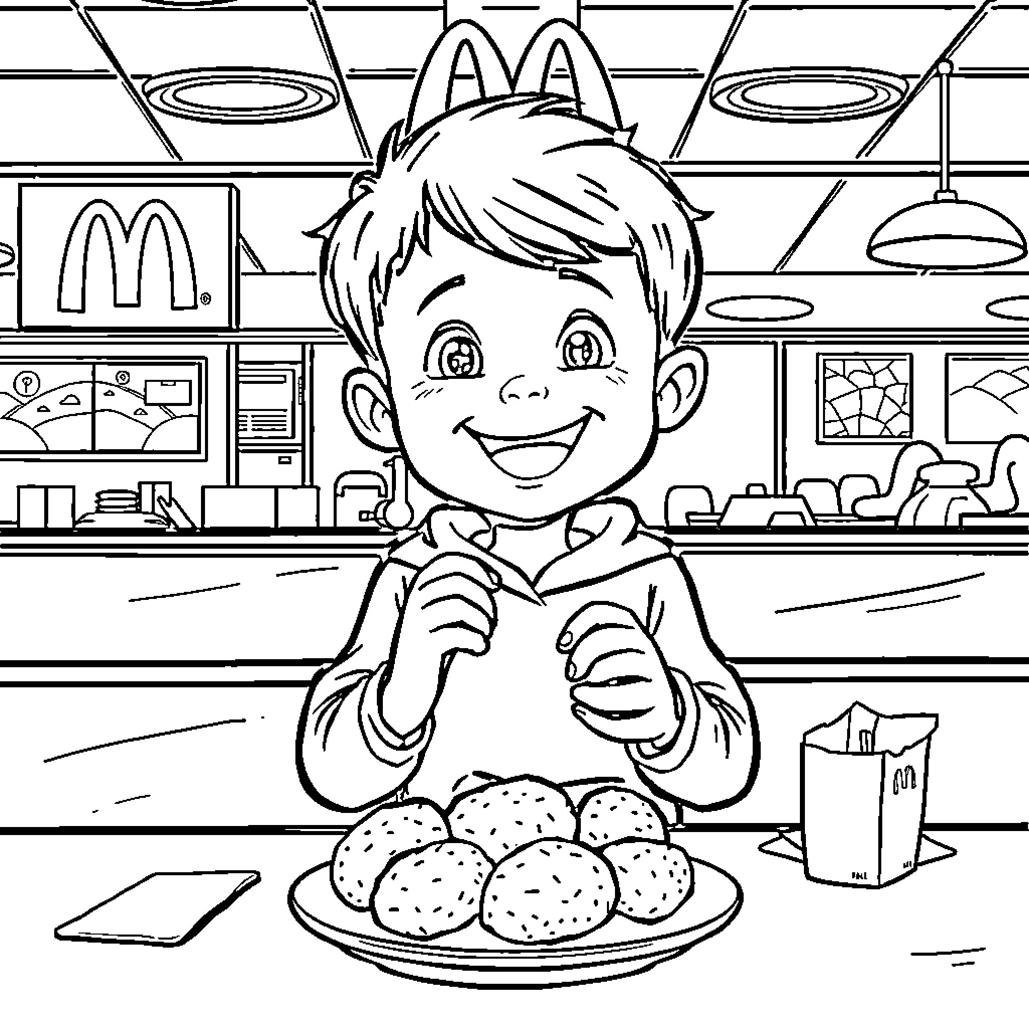 Kid enjoying a meal in a fast food restaurant Coloring Page (free black-and-white line drawing printable PDF for all, from beginners to advanced learners, including children, teens, adults, and seniors)