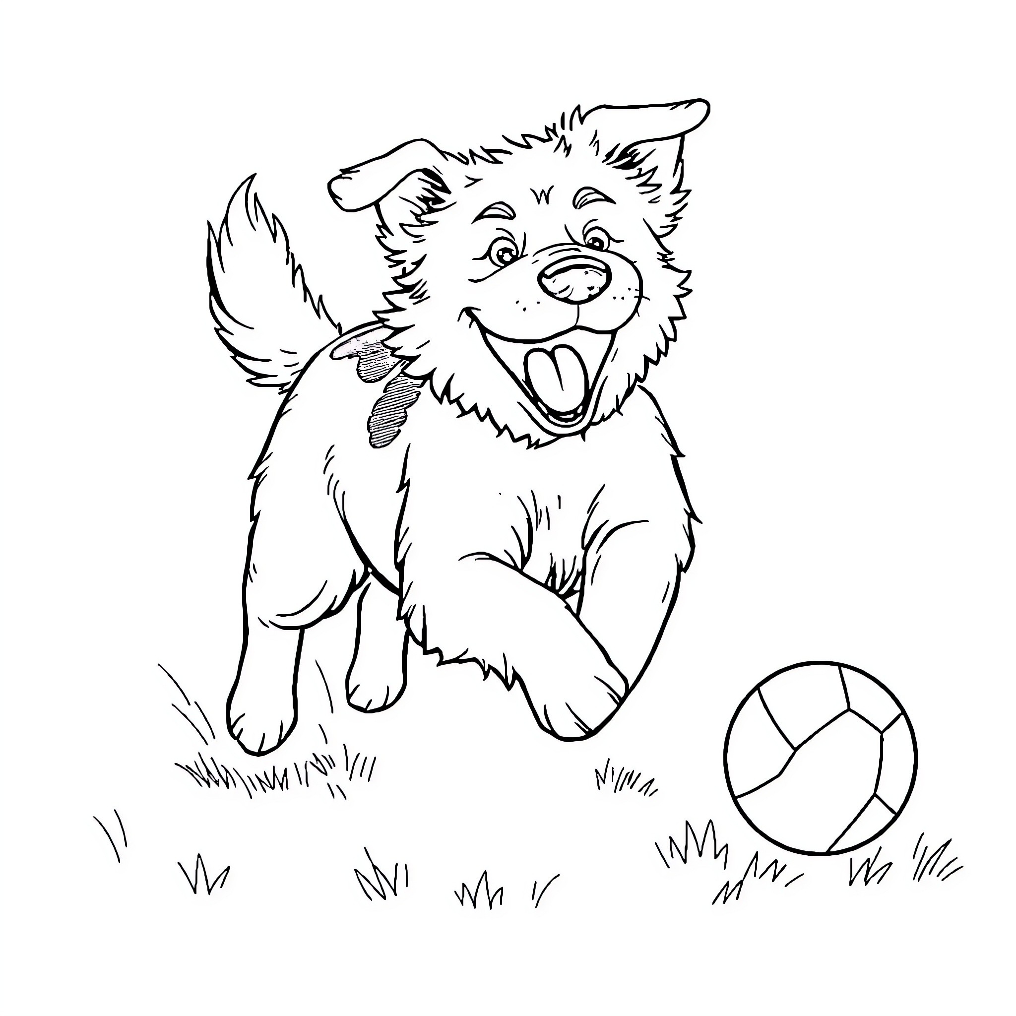 Dog playing with toy ball in the grass Coloring Page (free black-and-white line drawing printable PDF for all, from beginners to advanced learners, including children, teens, adults, and seniors)