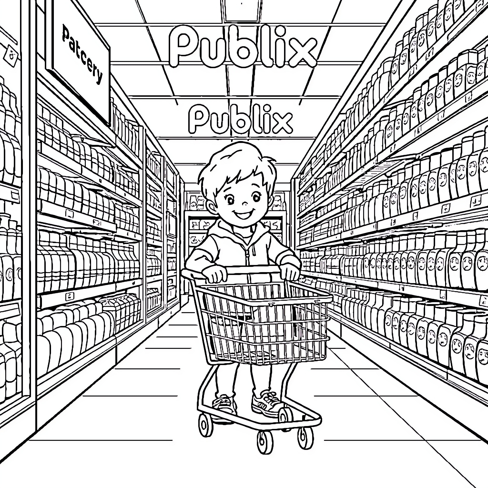 Kid exploring the supermarket with a shopping cart Coloring Page (free black-and-white line drawing printable PDF for all, from beginners to advanced learners, including children, teens, adults, and seniors)