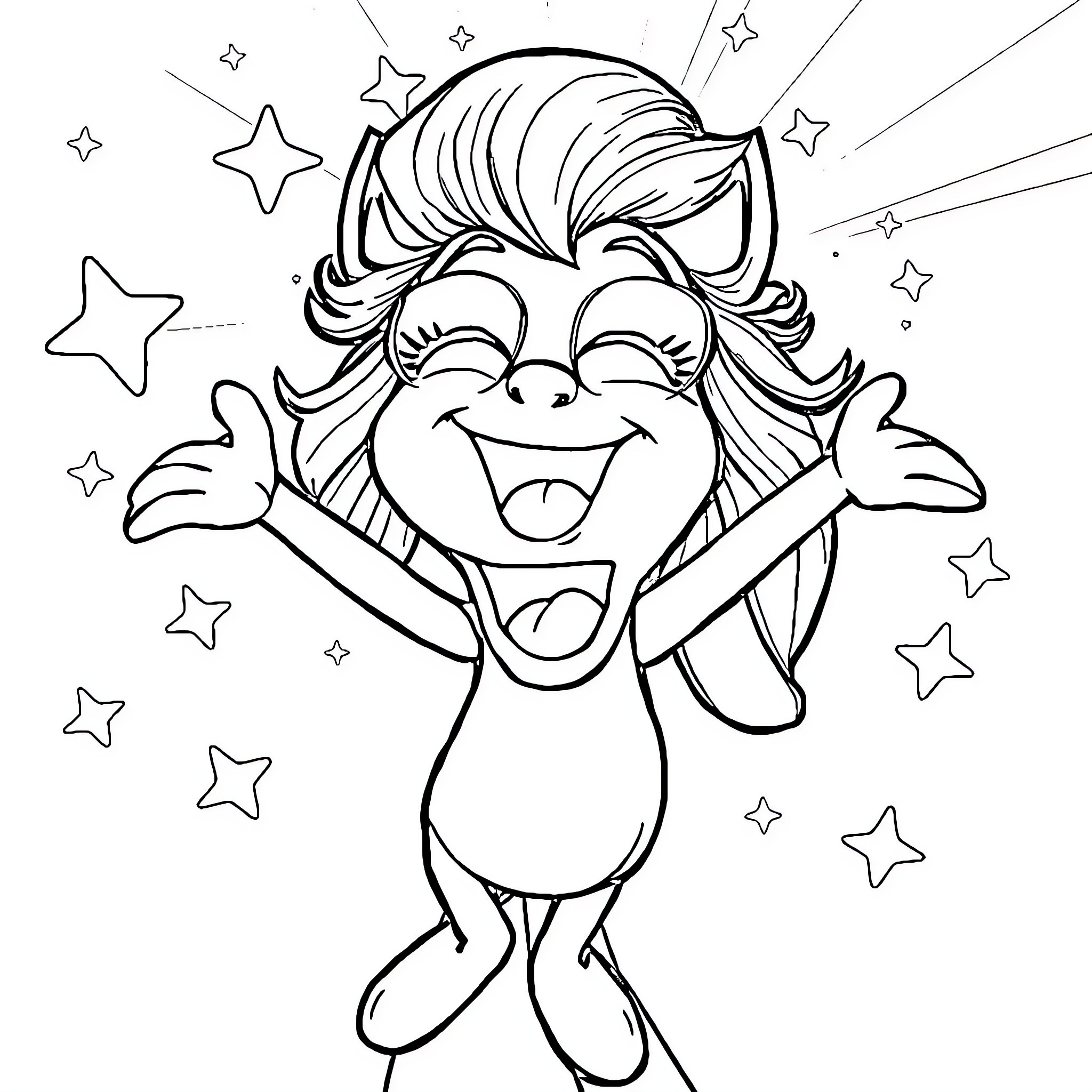 Gigi's Joyful Celebration with Stars Coloring Page (free black-and-white line drawing printable PDF for all, from beginners to advanced learners, including children, teens, adults, and seniors)