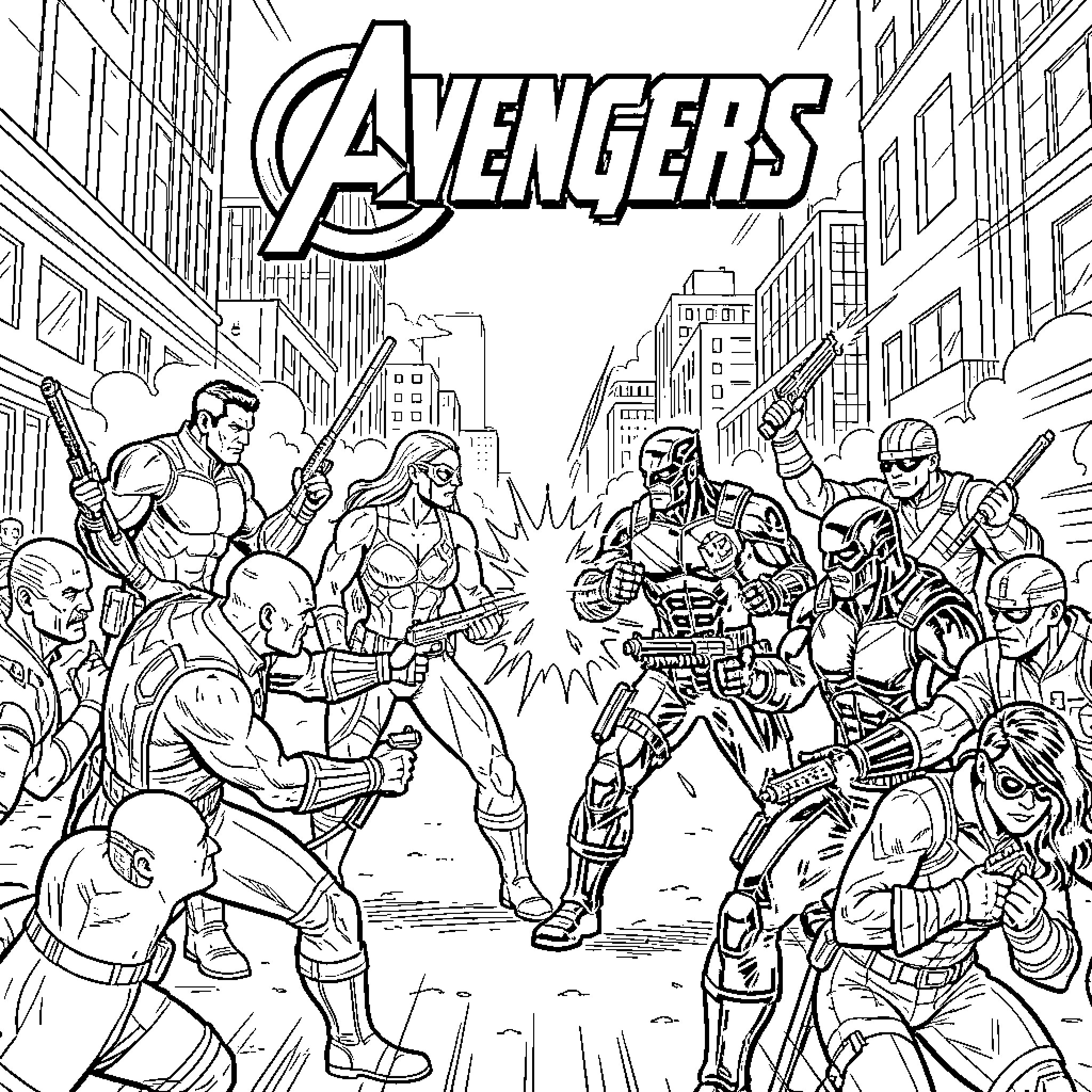 Avengers Assemble for Action in the City Coloring Page (free black-and-white line drawing printable PDF for all, from beginners to advanced learners, including children, teens, adults, and seniors)