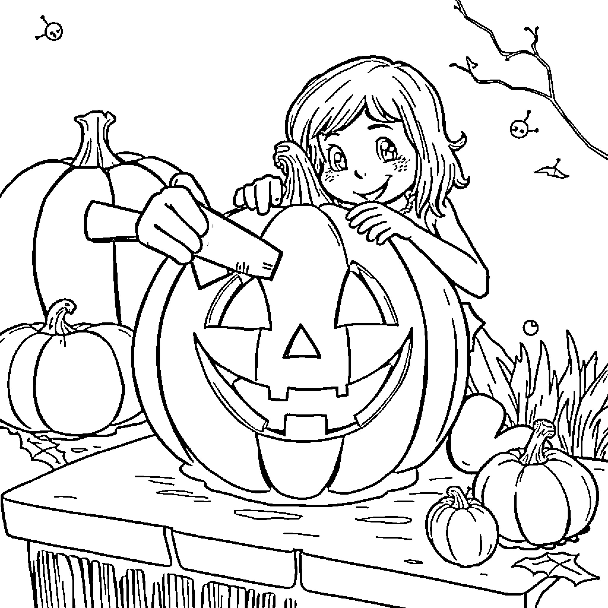 Vineria: Girl carving a Jack-o'-lantern in autumn Coloring Page (free black-and-white line drawing printable PDF for all, from beginners to advanced learners, including children, teens, adults, and seniors)