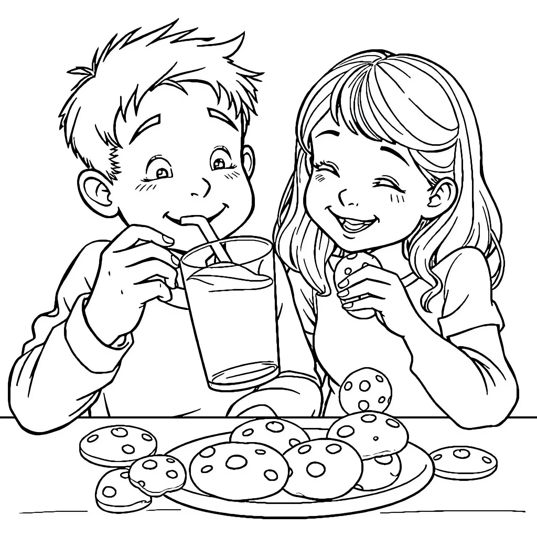 Boy and girl enjoying refreshments together Coloring Page (free black-and-white line drawing printable PDF for all, from beginners to advanced learners, including children, teens, adults, and seniors)