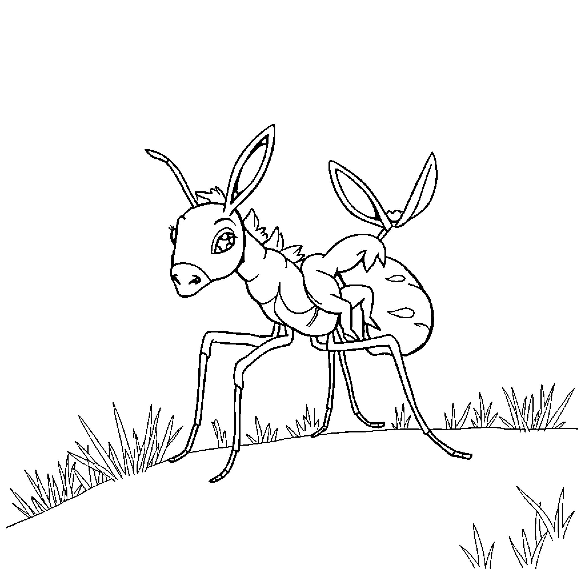 Donkey with Elongated Legs Standing in Grass Coloring Page (free black-and-white line drawing printable PDF for all, from beginners to advanced learners, including children, teens, adults, and seniors)