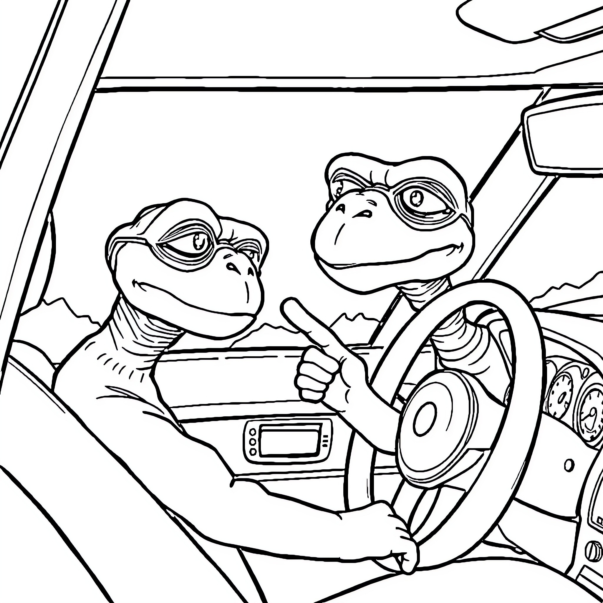 E.T. Frogs driving a vehicle together Coloring Page (free black-and-white line drawing printable PDF for all, from beginners to advanced learners, including children, teens, adults, and seniors)