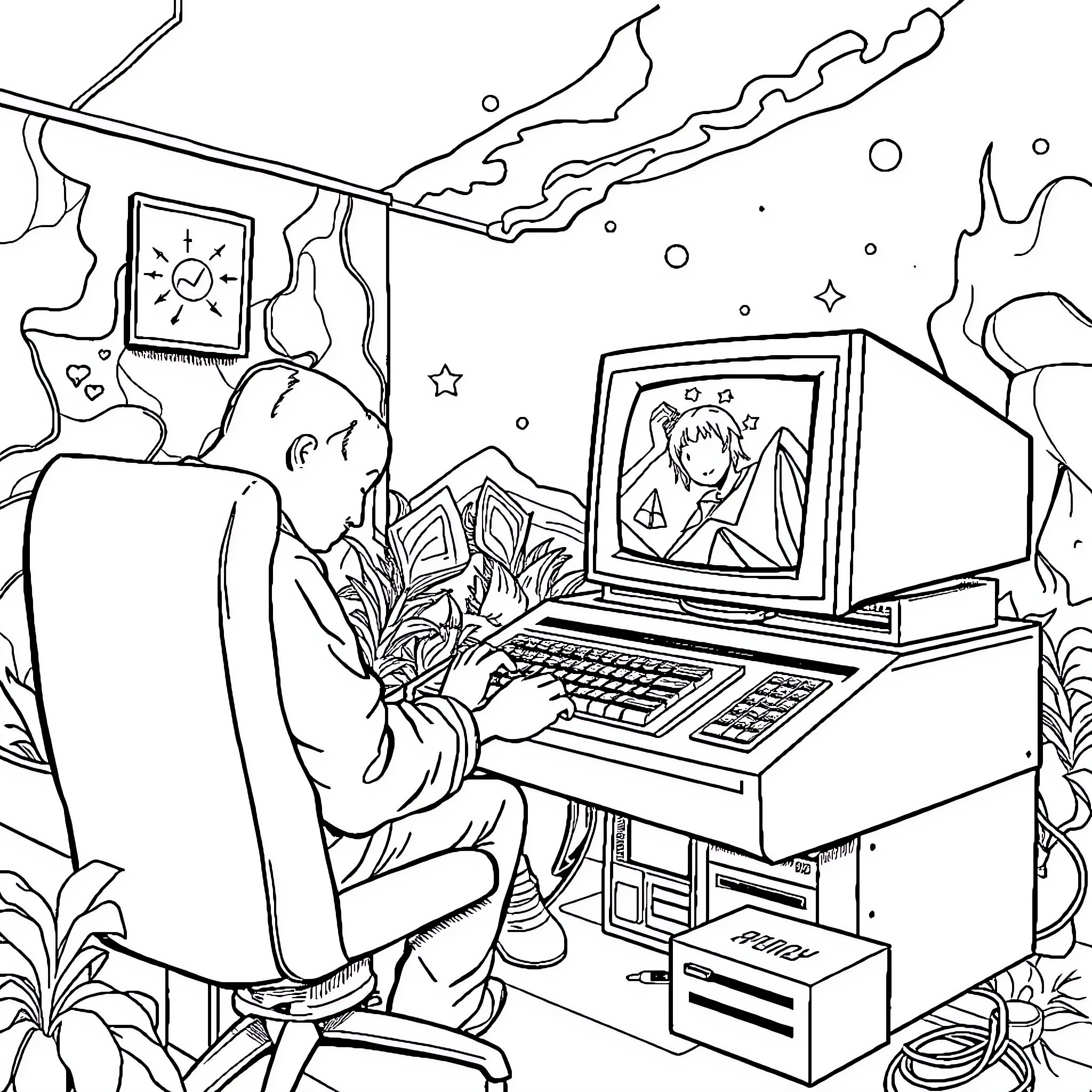 Amiga user working on computer in fantasy-like environment Coloring Page (free black-and-white line drawing printable PDF for all, from beginners to advanced learners, including children, teens, adults, and seniors)