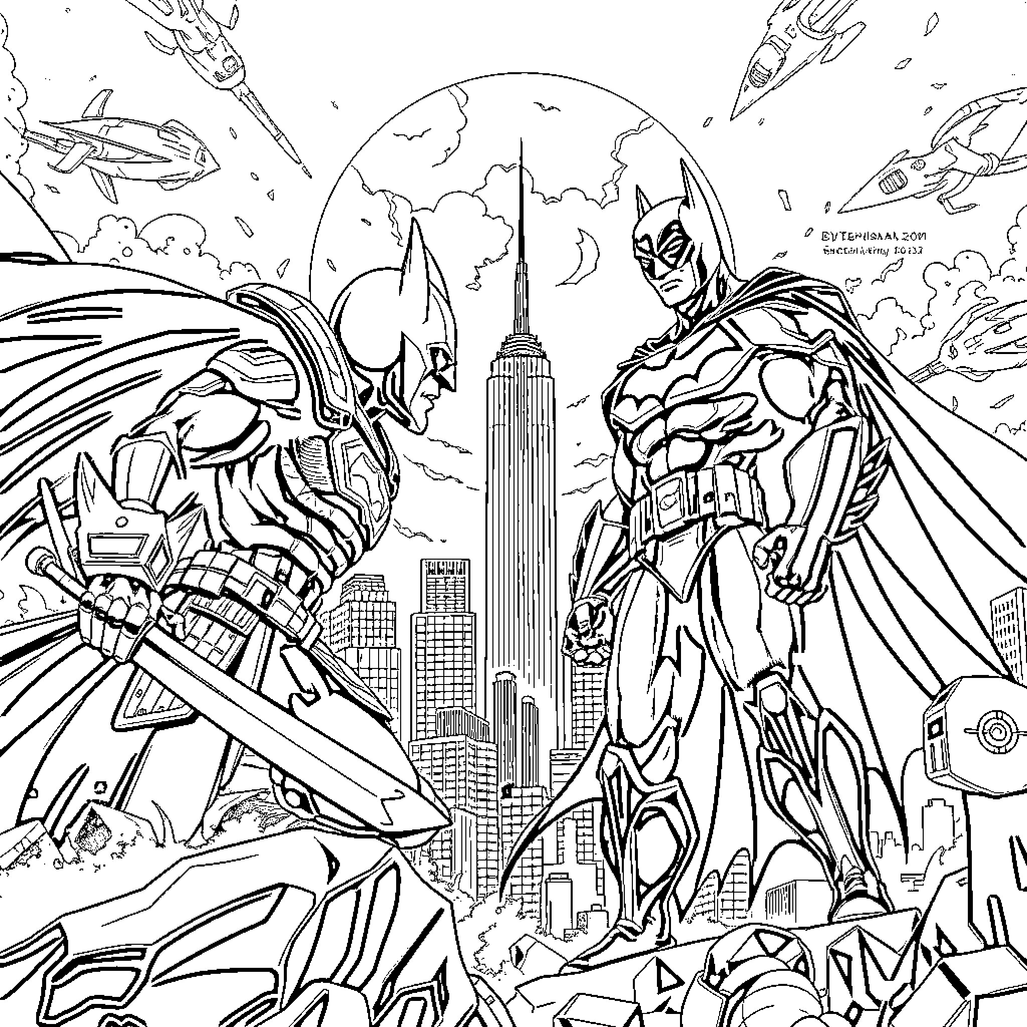 League of Legends: Epic Superhero Battle in the City Coloring Page (free black-and-white line drawing printable PDF for all, from beginners to advanced learners, including children, teens, adults, and seniors)