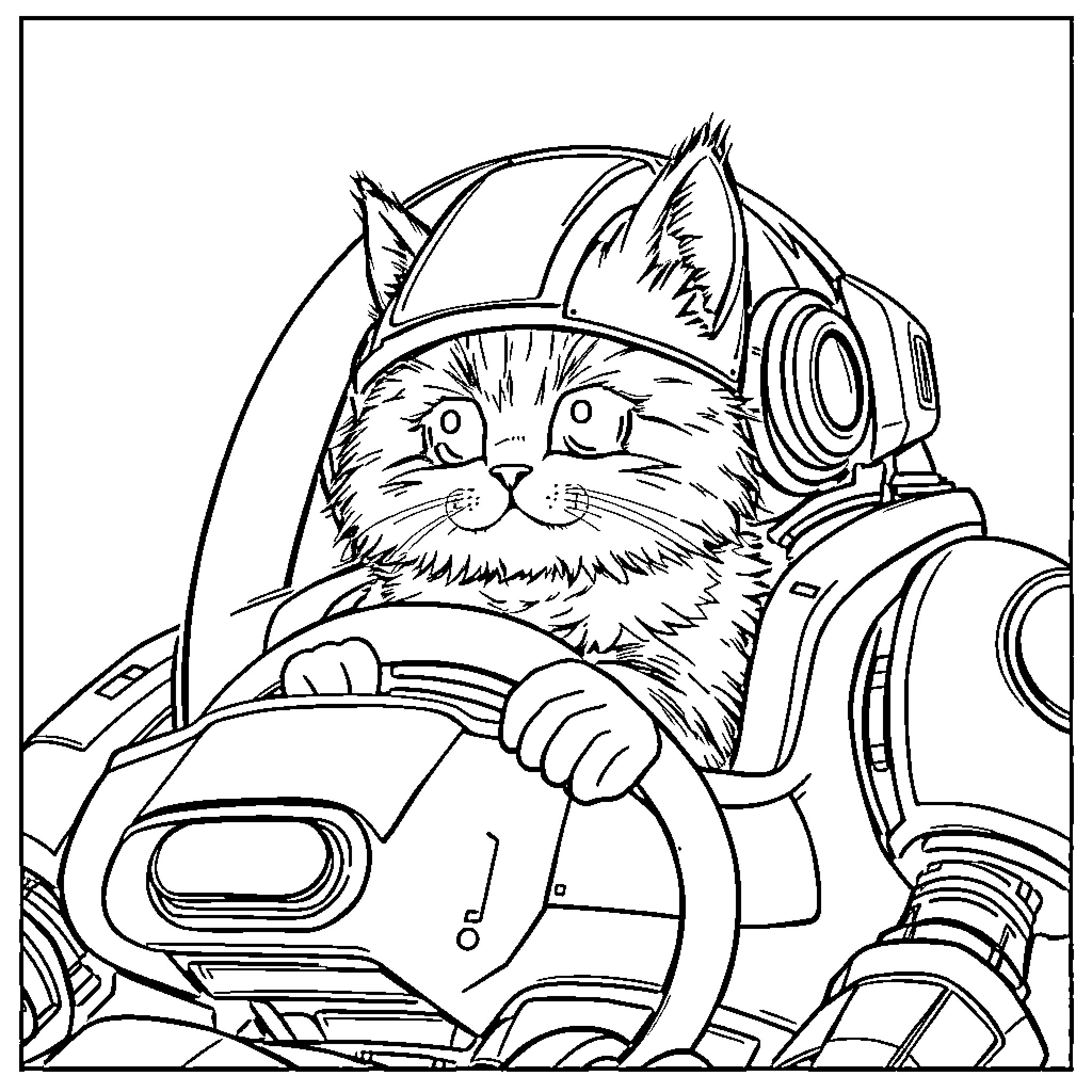 Cat in Astronaut Suit Exploring Space Coloring Page (free black-and-white line drawing printable PDF for all, from beginners to advanced learners, including children, teens, adults, and seniors)