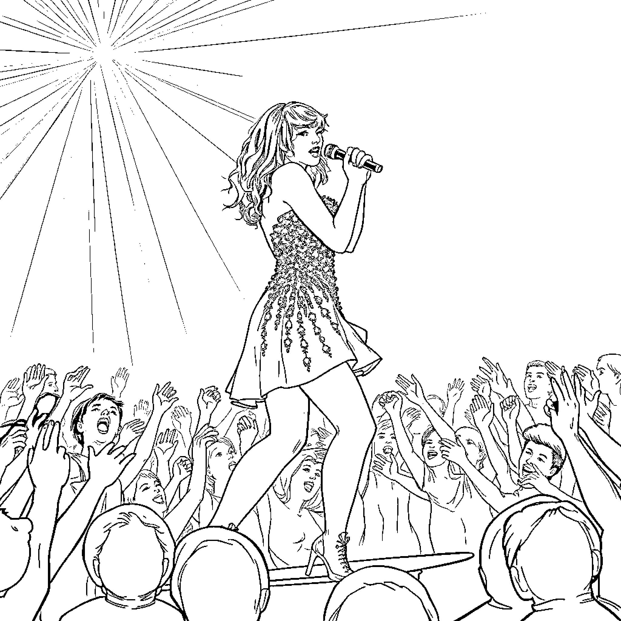 Taylor Swift Performing on Stage for Cheering Audience Coloring Page (free black-and-white line drawing printable PDF for all, from beginners to advanced learners, including children, teens, adults, and seniors)