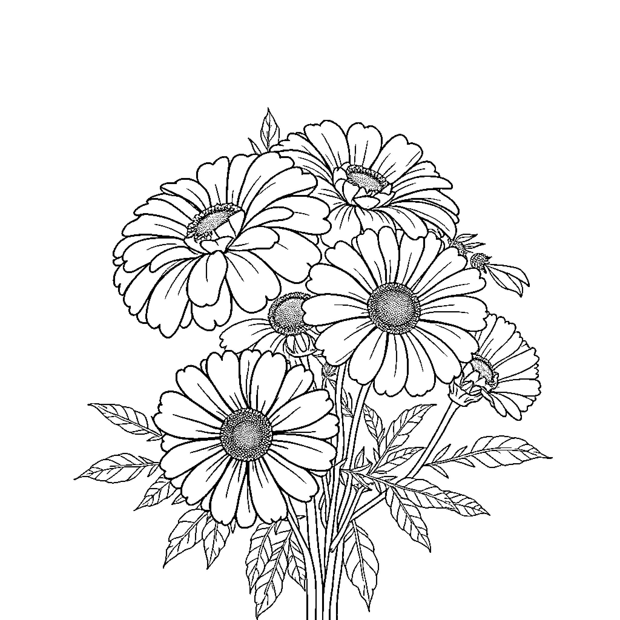 Marigold flowers in a beautiful bouquet Coloring Page (free black-and-white line drawing printable PDF for all, from beginners to advanced learners, including children, teens, adults, and seniors)
