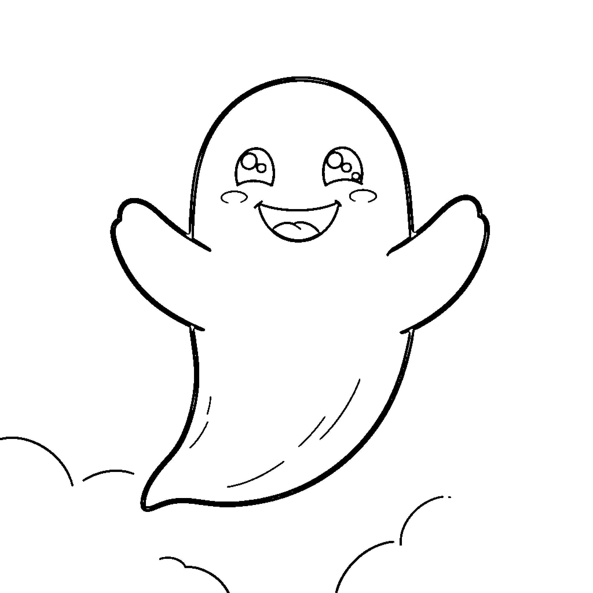 Ghost smiling happily with arms raised wide Coloring Page (free black-and-white line drawing printable PDF for all, from beginners to advanced learners, including children, teens, adults, and seniors)