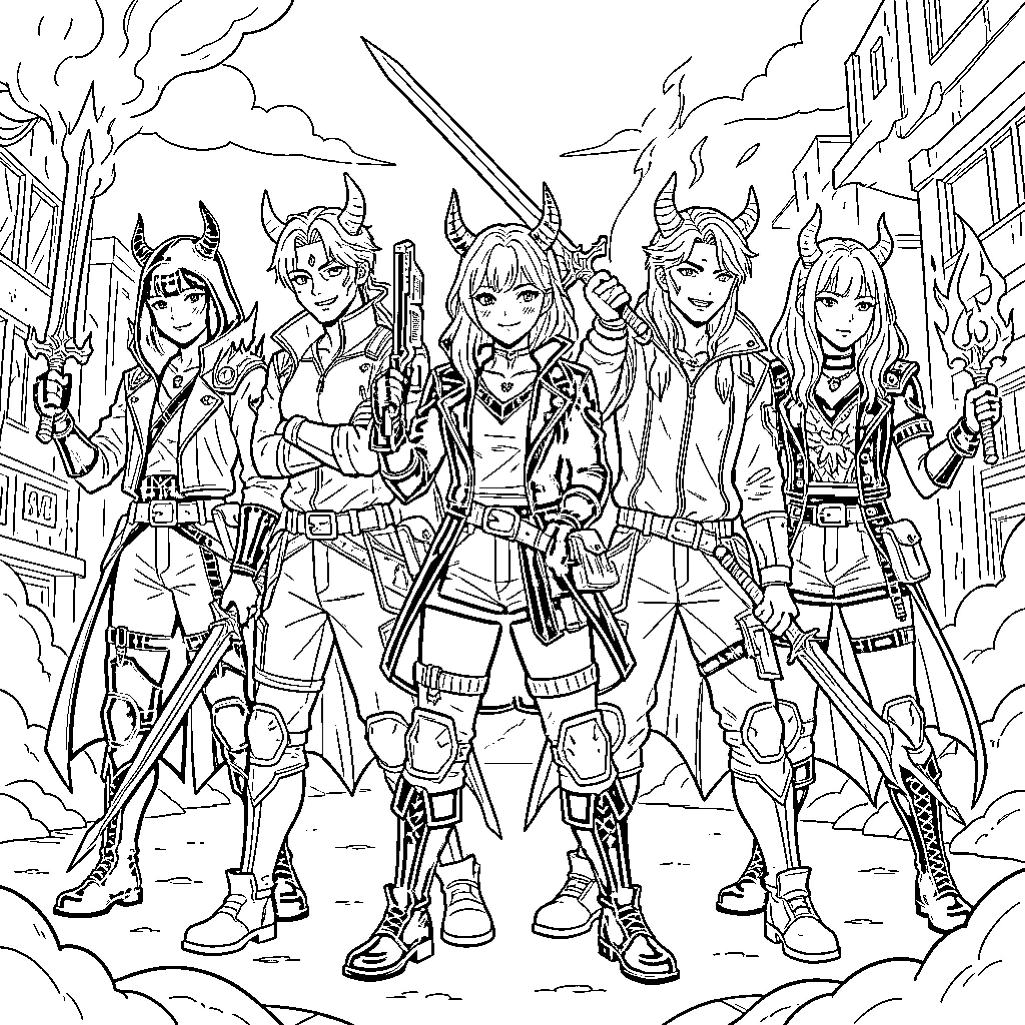 Kpop Demon Hunter group wielding swords and weapons Coloring Page (free black-and-white line drawing printable PDF for all, from beginners to advanced learners, including children, teens, adults, and seniors)