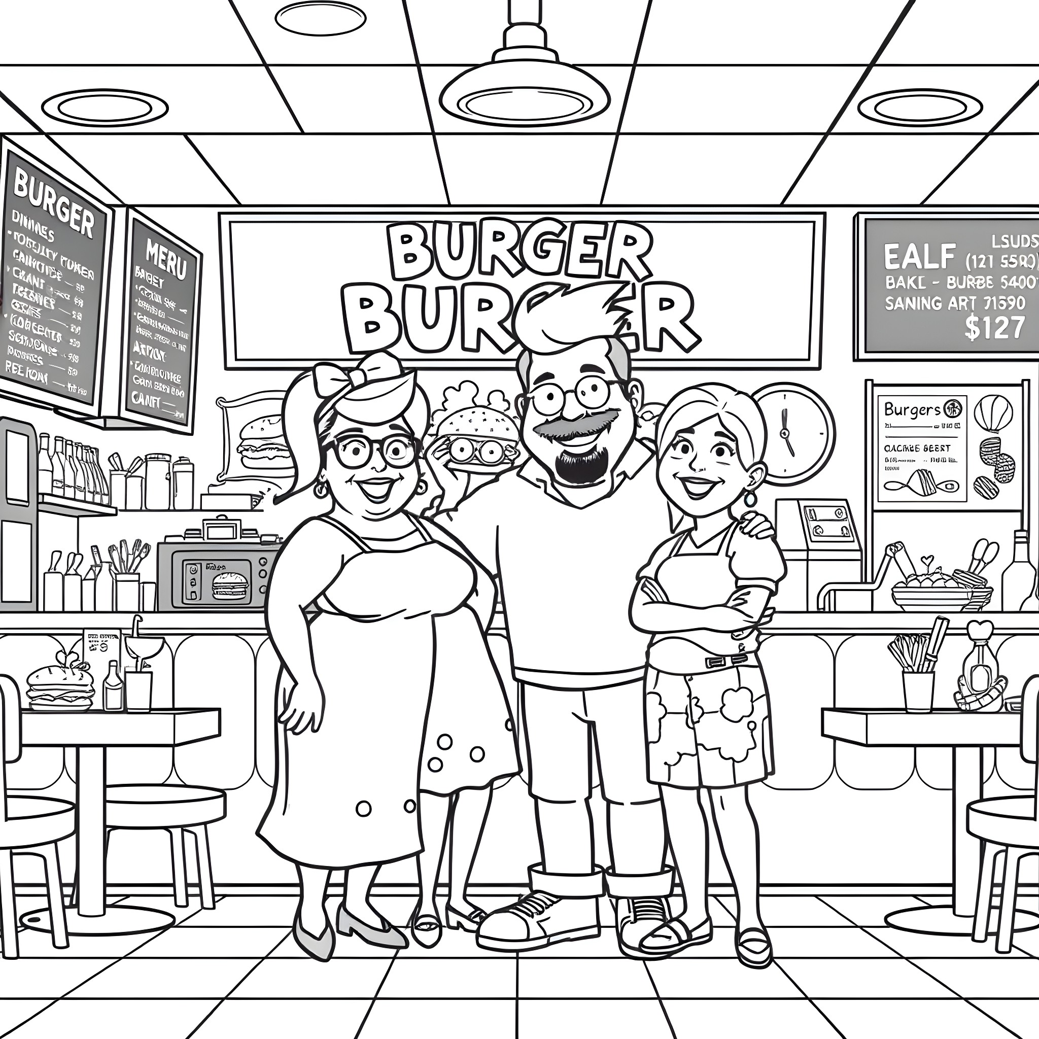 Bob's Burgers: Family at the Burger Joint Coloring Page (free black-and-white line drawing printable PDF for all, from beginners to advanced learners, including children, teens, adults, and seniors)