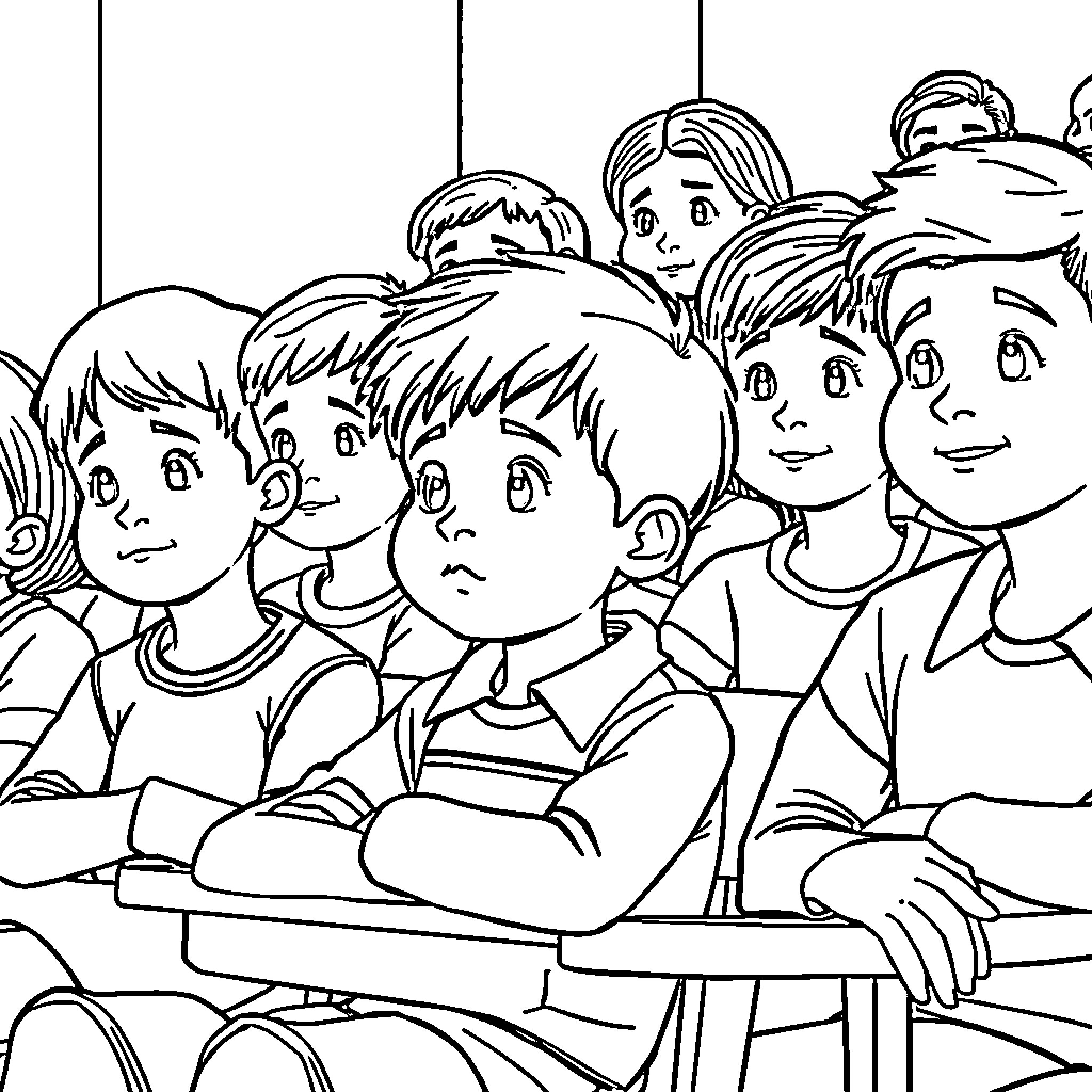 Niño group learning in classroom Coloring Page (free black-and-white line drawing printable PDF for all, from beginners to advanced learners, including children, teens, adults, and seniors)