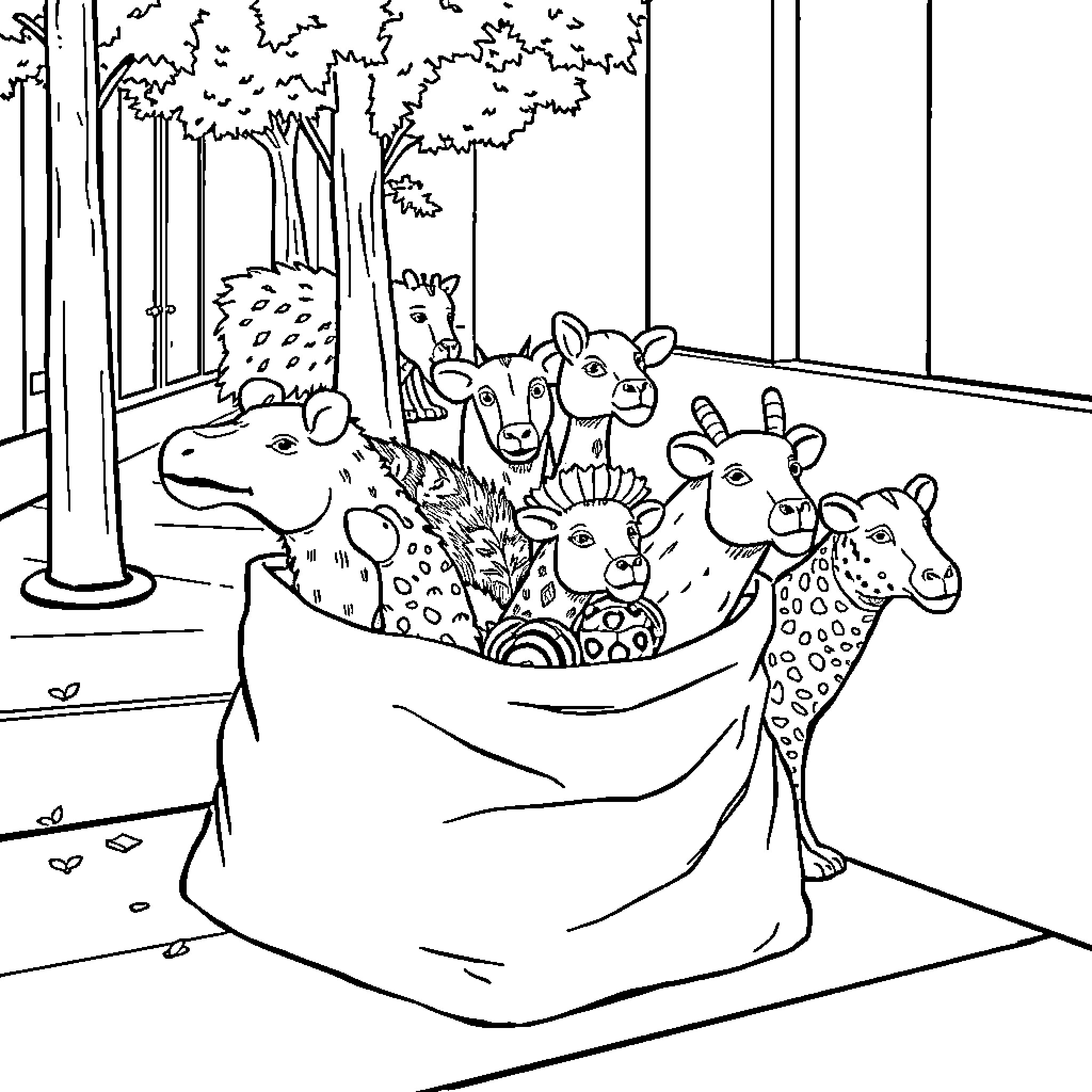 Wild Animal Friends Gathered in the Forest Coloring Page (free black-and-white line drawing printable PDF for all, from beginners to advanced learners, including children, teens, adults, and seniors)