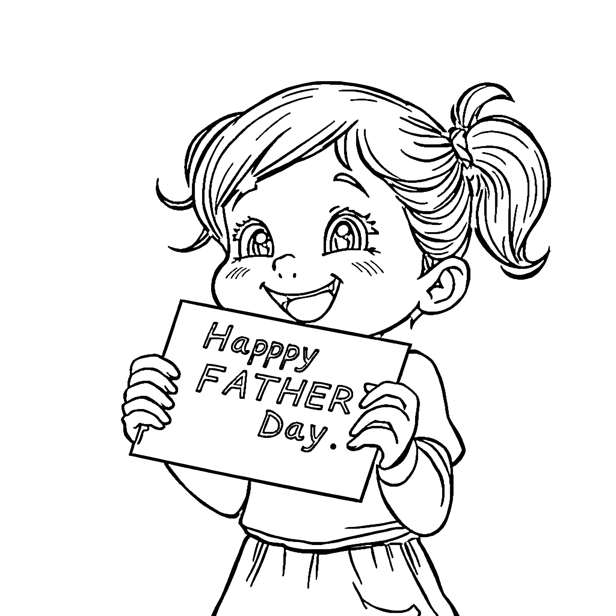 Girl holding 'Happy Father's Day' sign happily Coloring Page (free black-and-white line drawing printable PDF for all, from beginners to advanced learners, including children, teens, adults, and seniors)