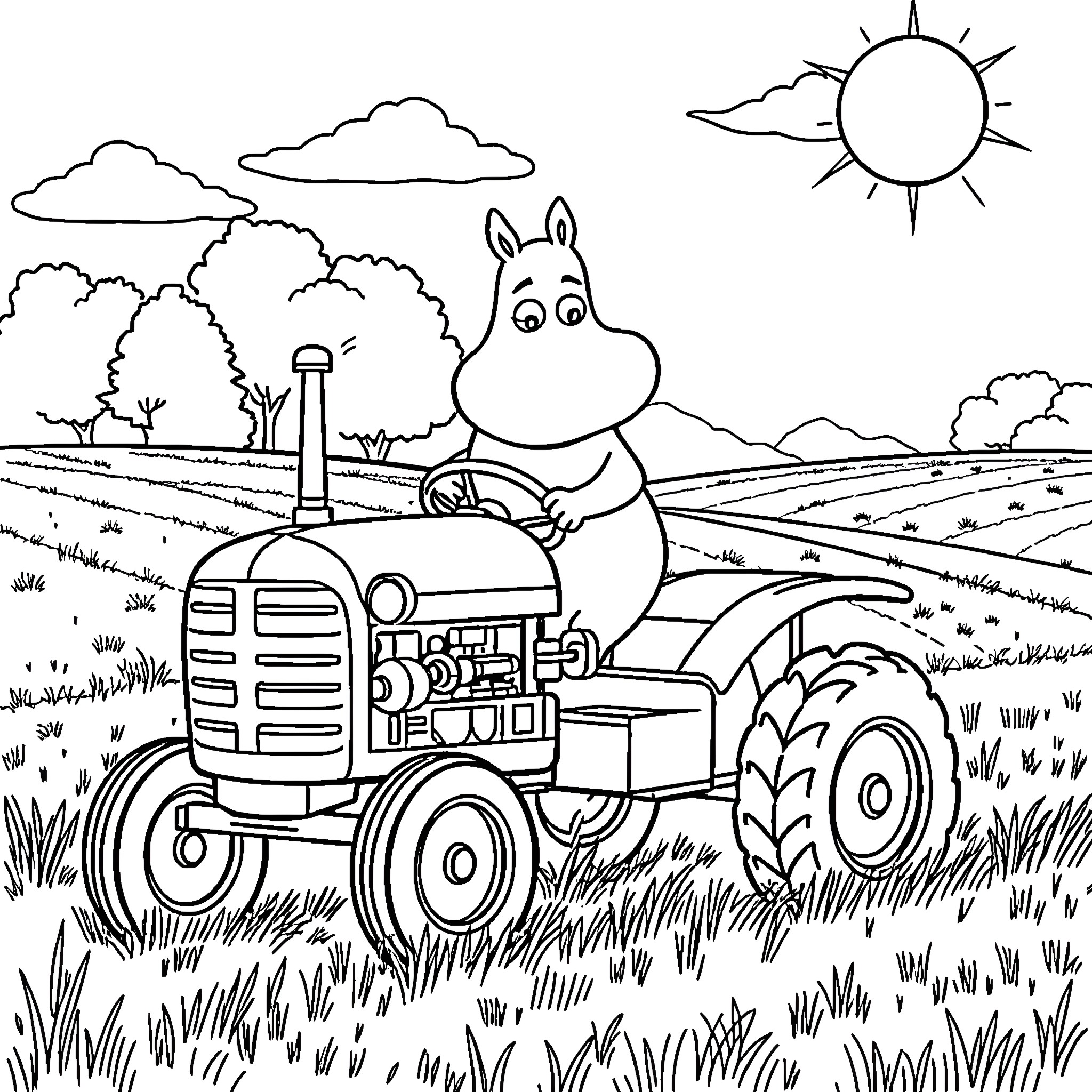 Moomin riding a tractor through the countryside Coloring Page (free black-and-white line drawing printable PDF for all, from beginners to advanced learners, including children, teens, adults, and seniors)