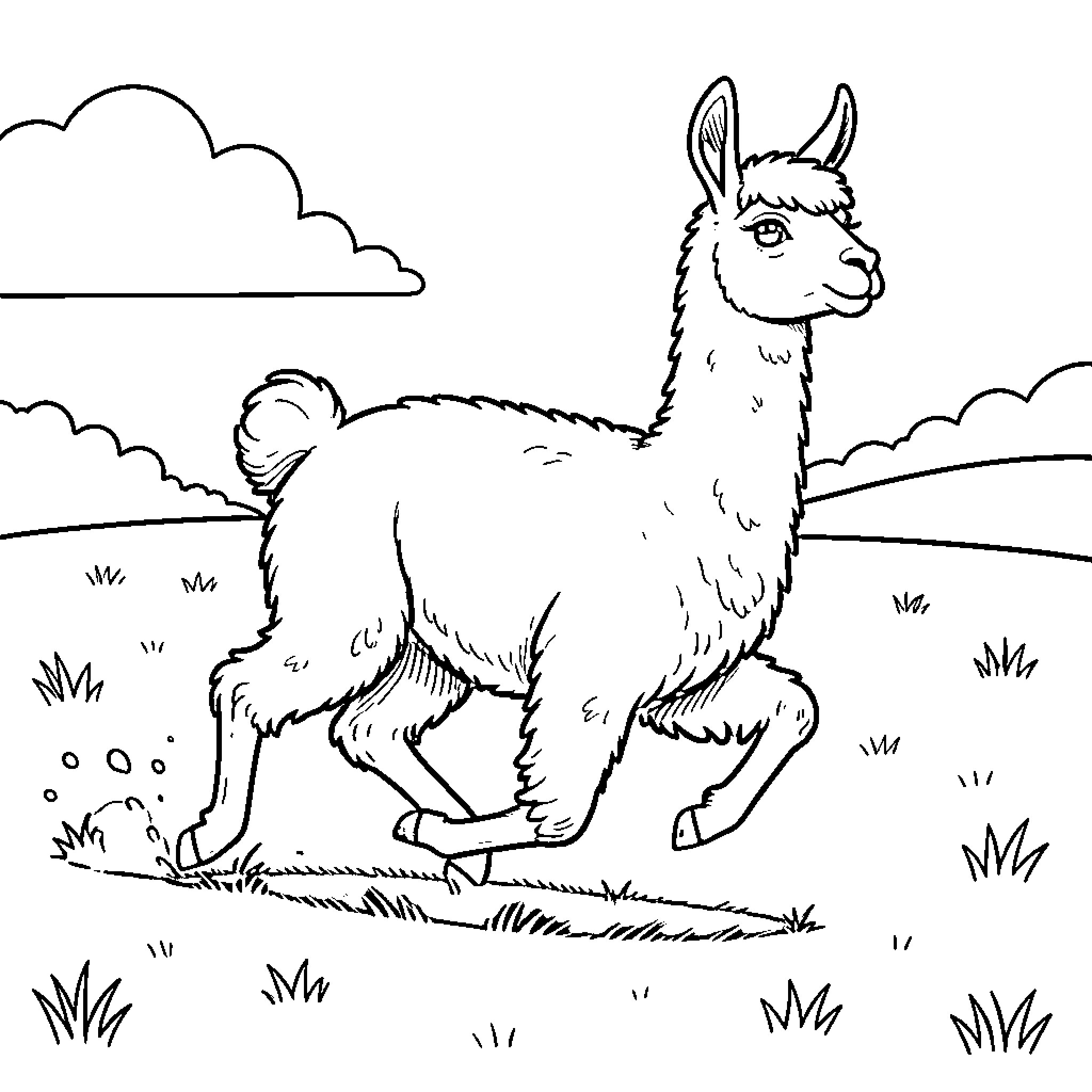 Llama strolling through a grassy field Coloring Page (free black-and-white line drawing printable PDF for all, from beginners to advanced learners, including children, teens, adults, and seniors)