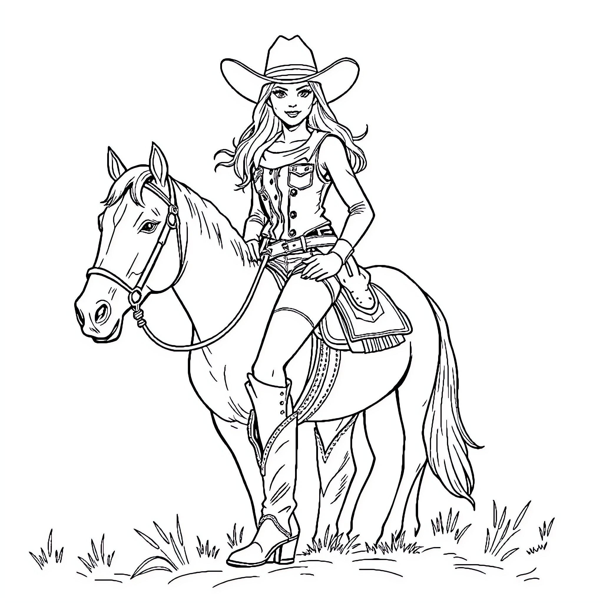 Cowgirl riding her horse in the field Coloring Page (free black-and-white line drawing printable PDF for all, from beginners to advanced learners, including children, teens, adults, and seniors)