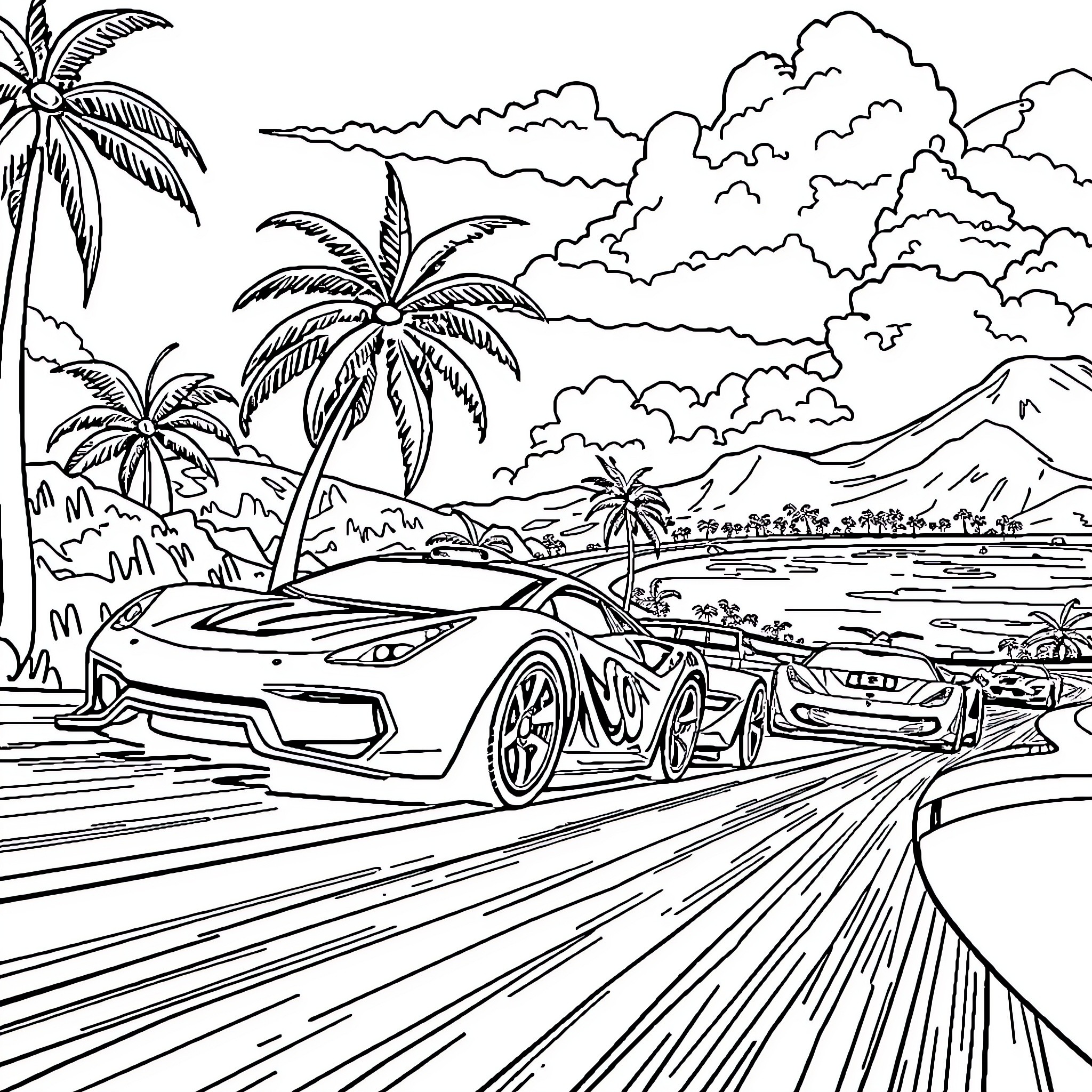 Hot Wheels racing on tropical beach Coloring Page (free black-and-white line drawing printable PDF for all, from beginners to advanced learners, including children, teens, adults, and seniors)