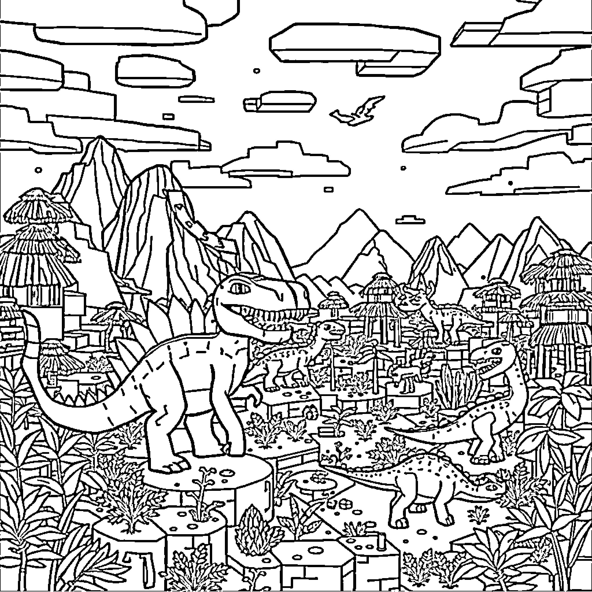 Dinosaurs roaming in prehistoric landscape Coloring Page (free black-and-white line drawing printable PDF for all, from beginners to advanced learners, including children, teens, adults, and seniors)
