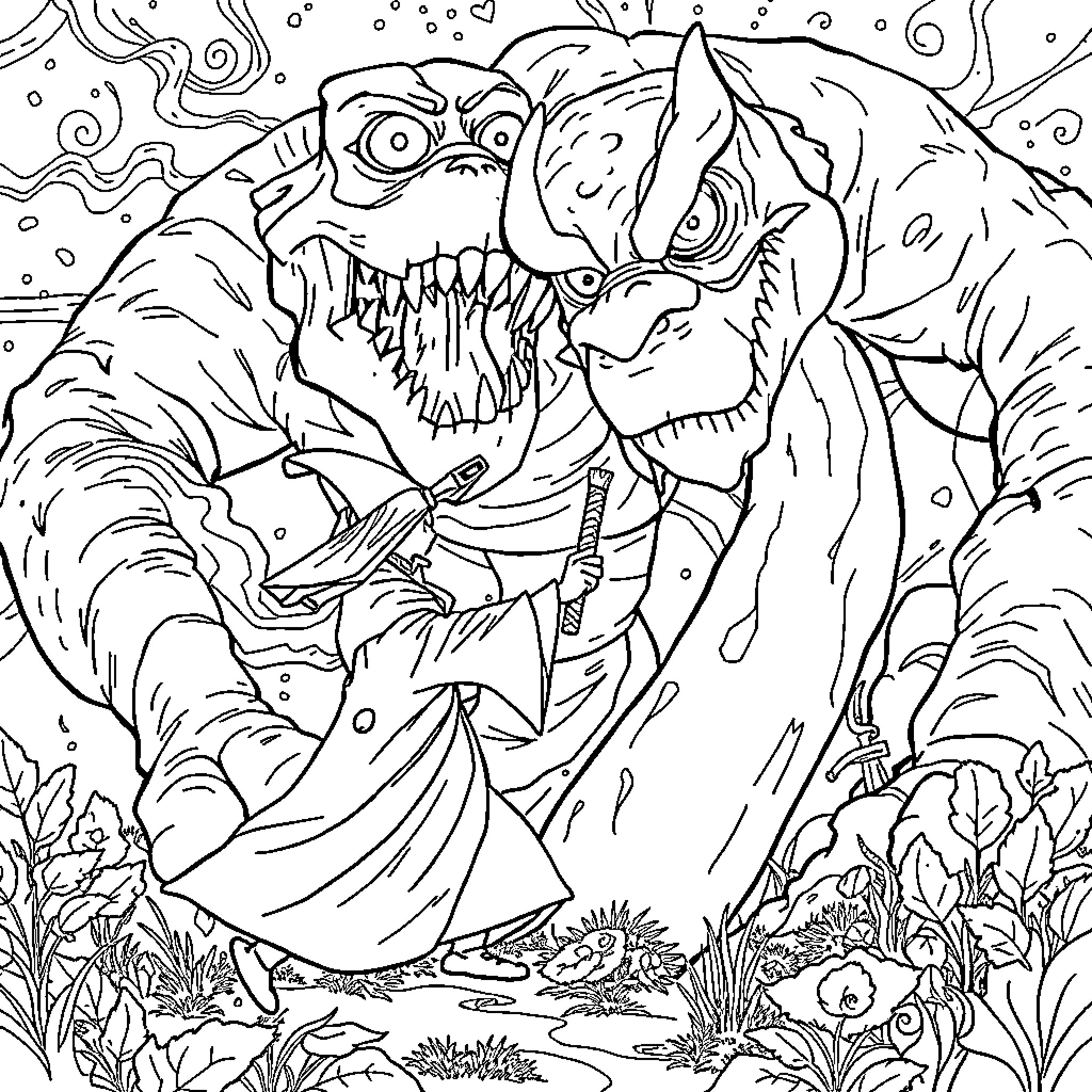 Magician controlling fierce monsters in enchanted forest Coloring Page (free black-and-white line drawing printable PDF for all, from beginners to advanced learners, including children, teens, adults, and seniors)