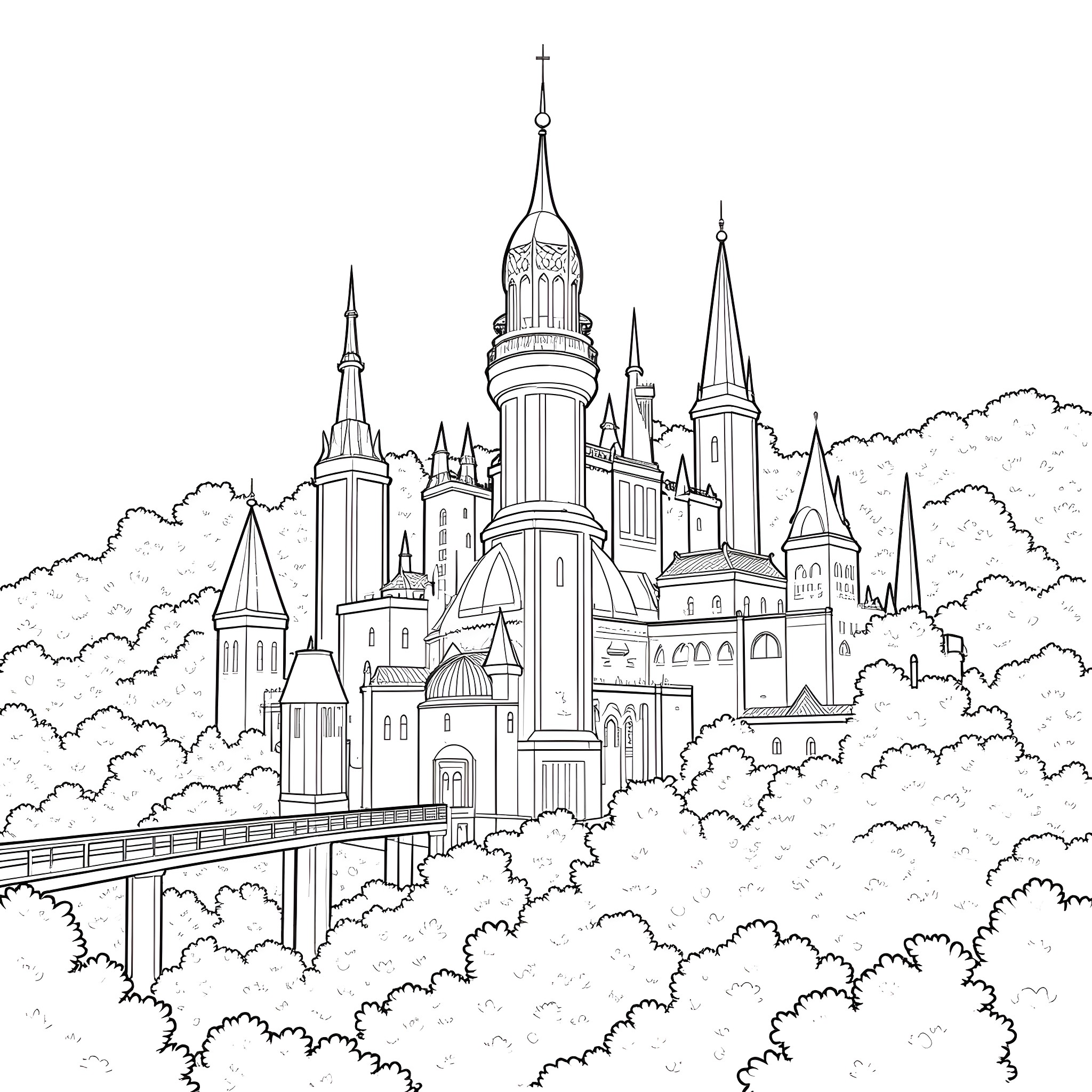 Elven City with Intricate Architectural Wonders Coloring Page (free black-and-white line drawing printable PDF for all, from beginners to advanced learners, including children, teens, adults, and seniors)