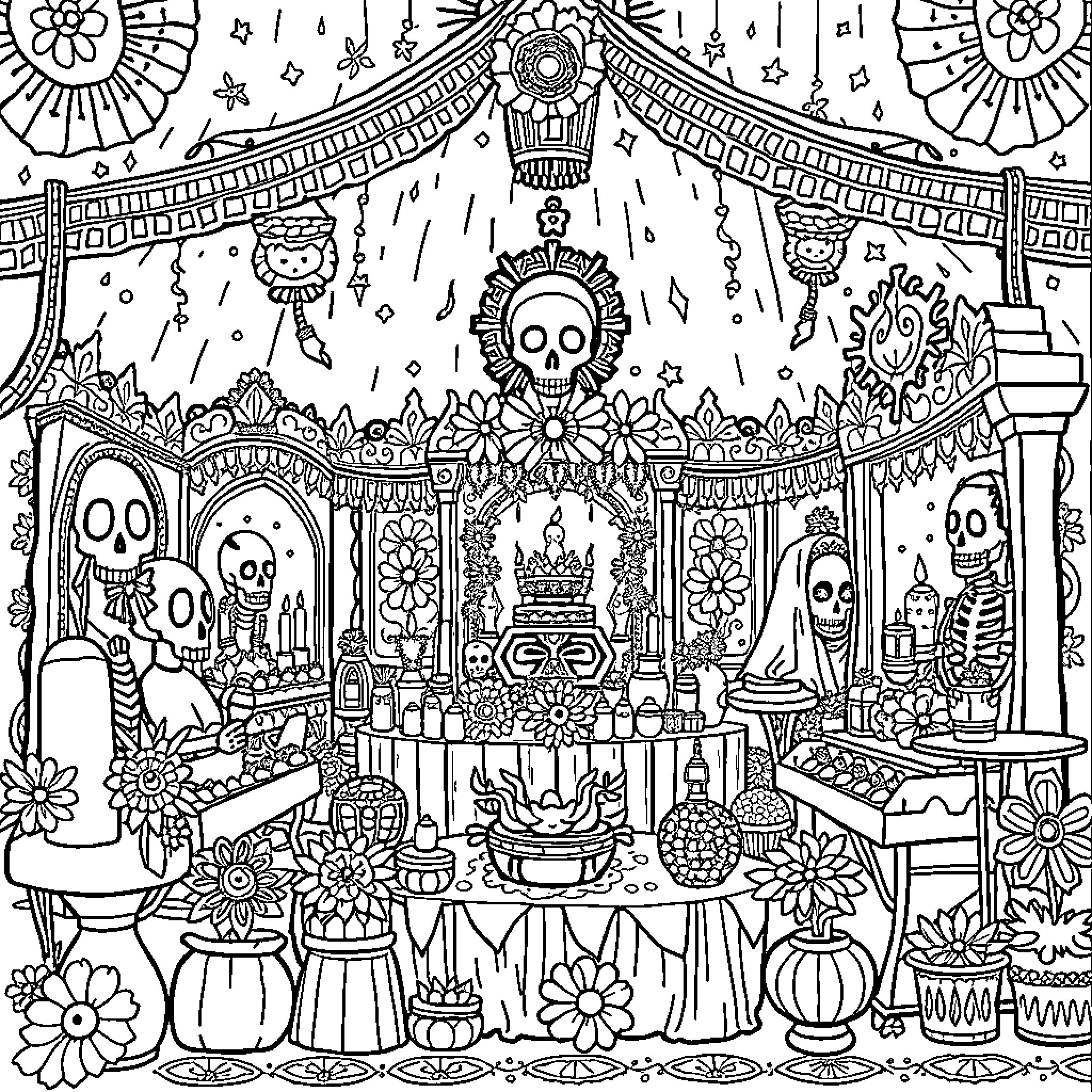 Day of the Dead: Festive Celebration with Skeletons and Flowers Coloring Page (free black-and-white line drawing printable PDF for all, from beginners to advanced learners, including children, teens, adults, and seniors)