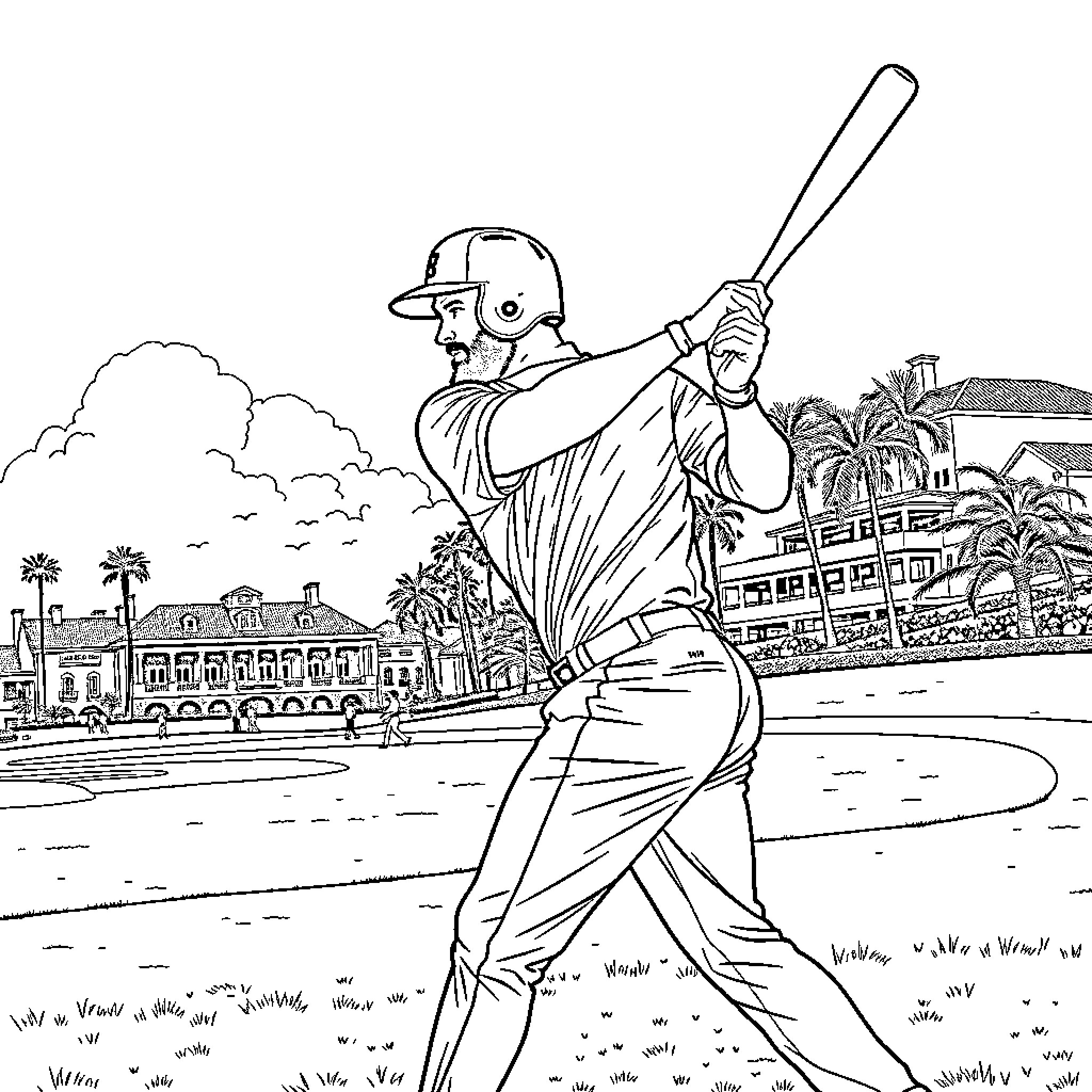 Jose Altuve Batting in Baseball Stadium Coloring Page (free black-and-white line drawing printable PDF for all, from beginners to advanced learners, including children, teens, adults, and seniors)