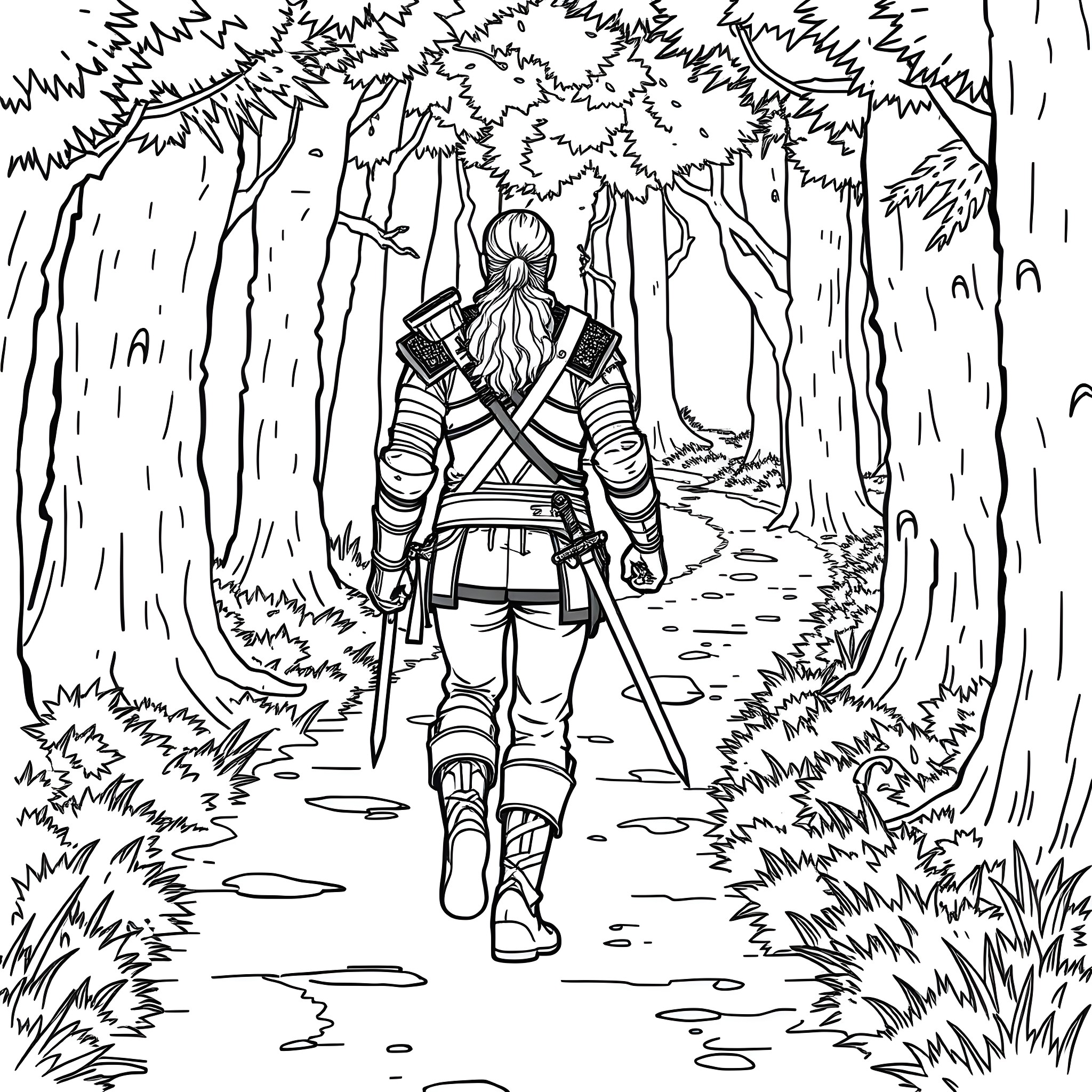 Geralt Traversing the Enchanted Forest Coloring Page (free black-and-white line drawing printable PDF for all, from beginners to advanced learners, including children, teens, adults, and seniors)