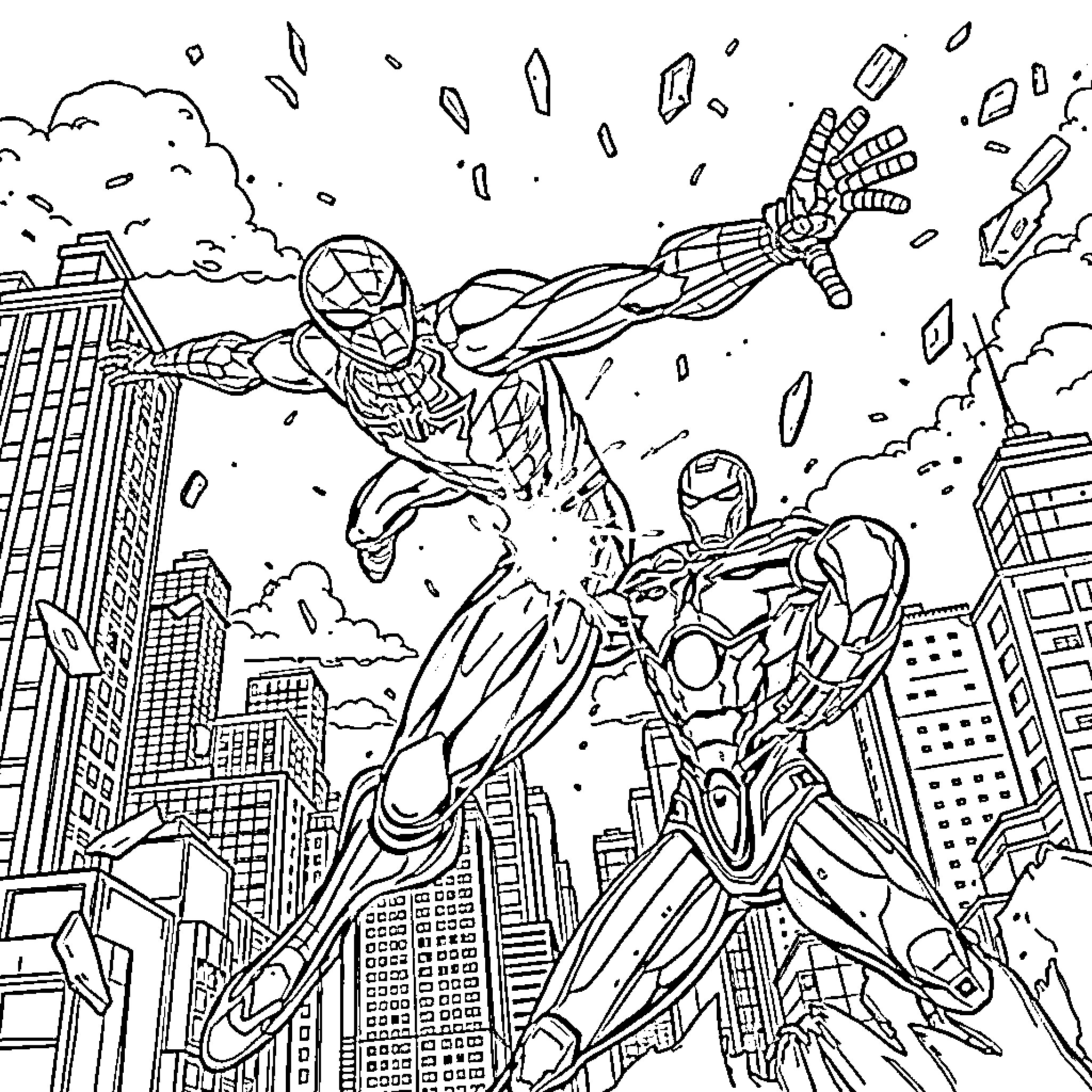 Spider-Man battles villains in the city Coloring Page (free black-and-white line drawing printable PDF for all, from beginners to advanced learners, including children, teens, adults, and seniors)