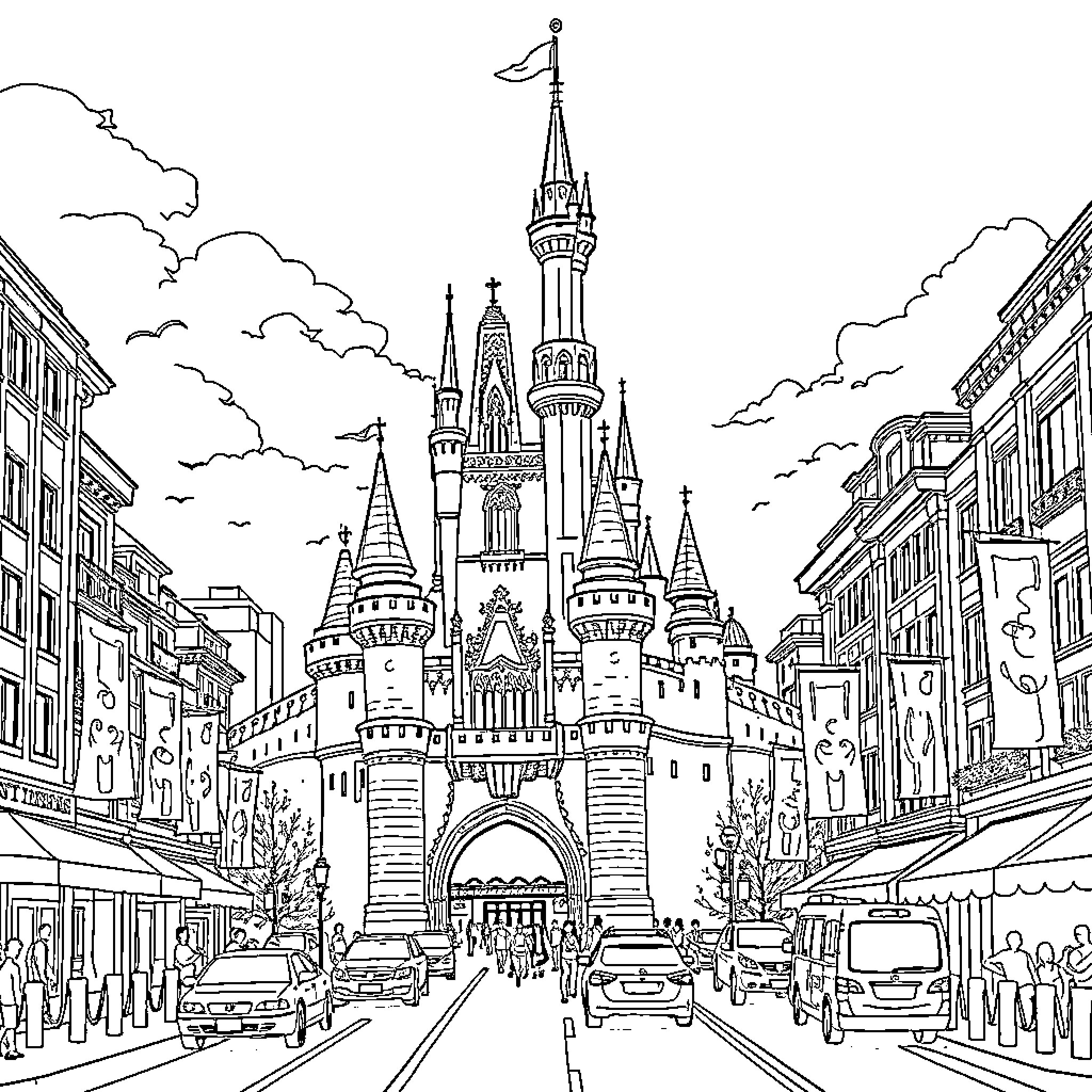 Castle of Fairytale Wonder in a Bustling City Coloring Page (free black-and-white line drawing printable PDF for all, from beginners to advanced learners, including children, teens, adults, and seniors)