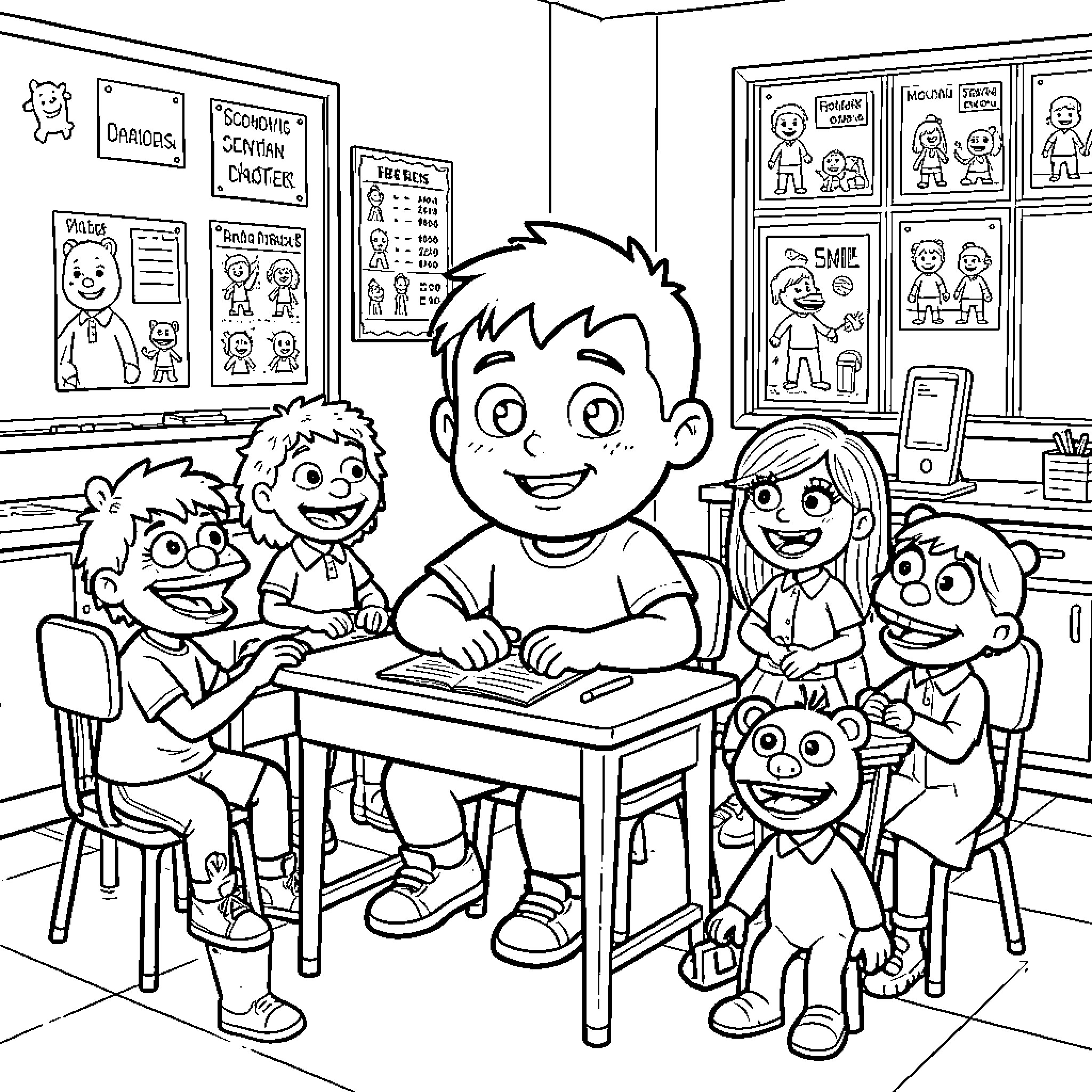 Jeffy studying at a desk with school friends Coloring Page (free black-and-white line drawing printable PDF for all, from beginners to advanced learners, including children, teens, adults, and seniors)