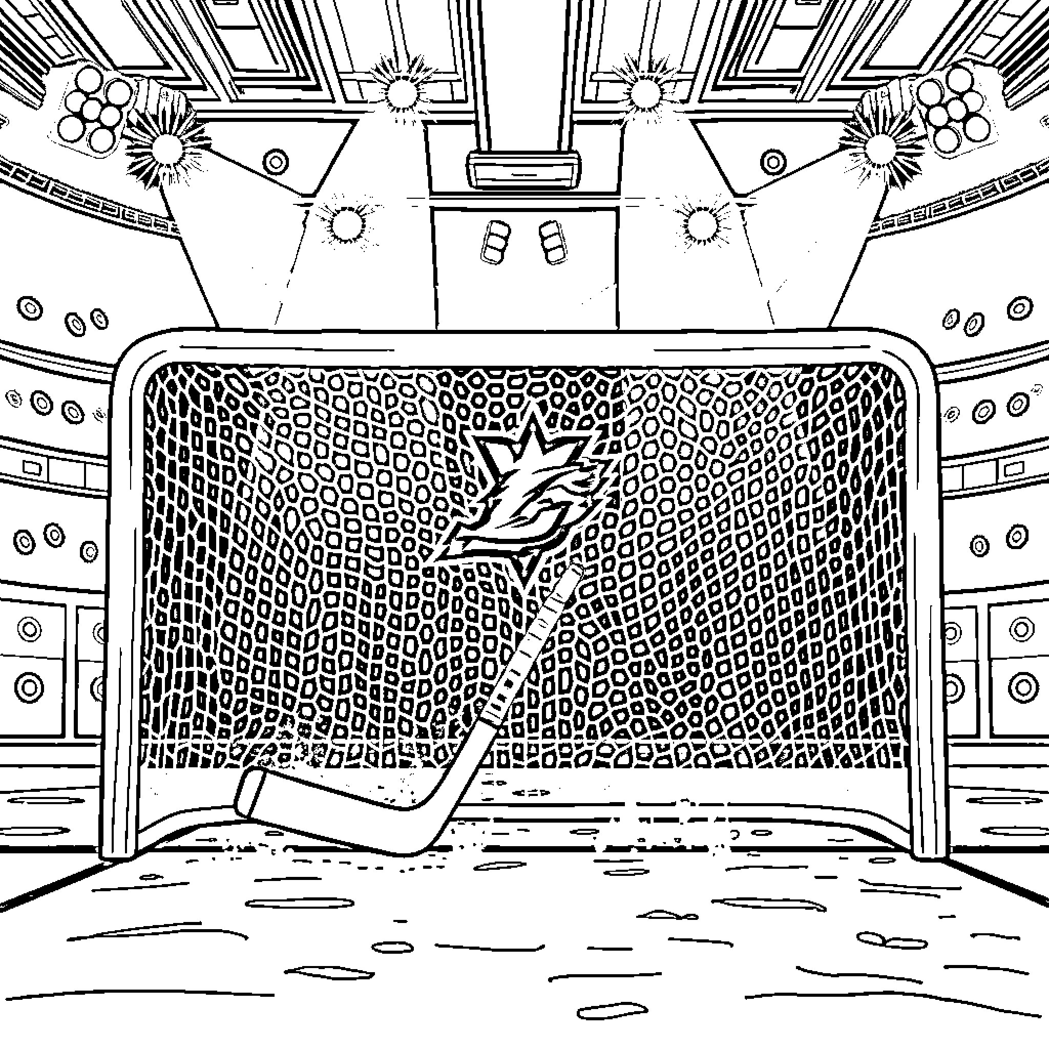 Ice Hockey Stadium Scene with Equipment Coloring Page (free black-and-white line drawing printable PDF for all, from beginners to advanced learners, including children, teens, adults, and seniors)