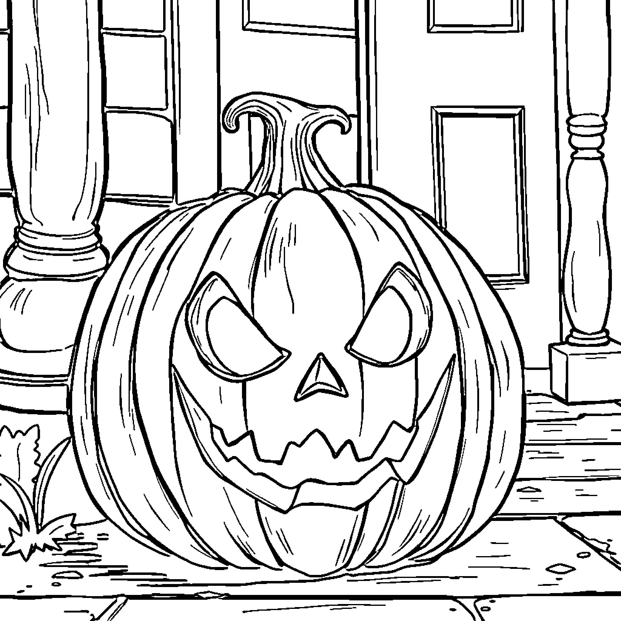 Pumpkin carved with a spooky jack-o'-lantern face Coloring Page (free black-and-white line drawing printable PDF for all, from beginners to advanced learners, including children, teens, adults, and seniors)