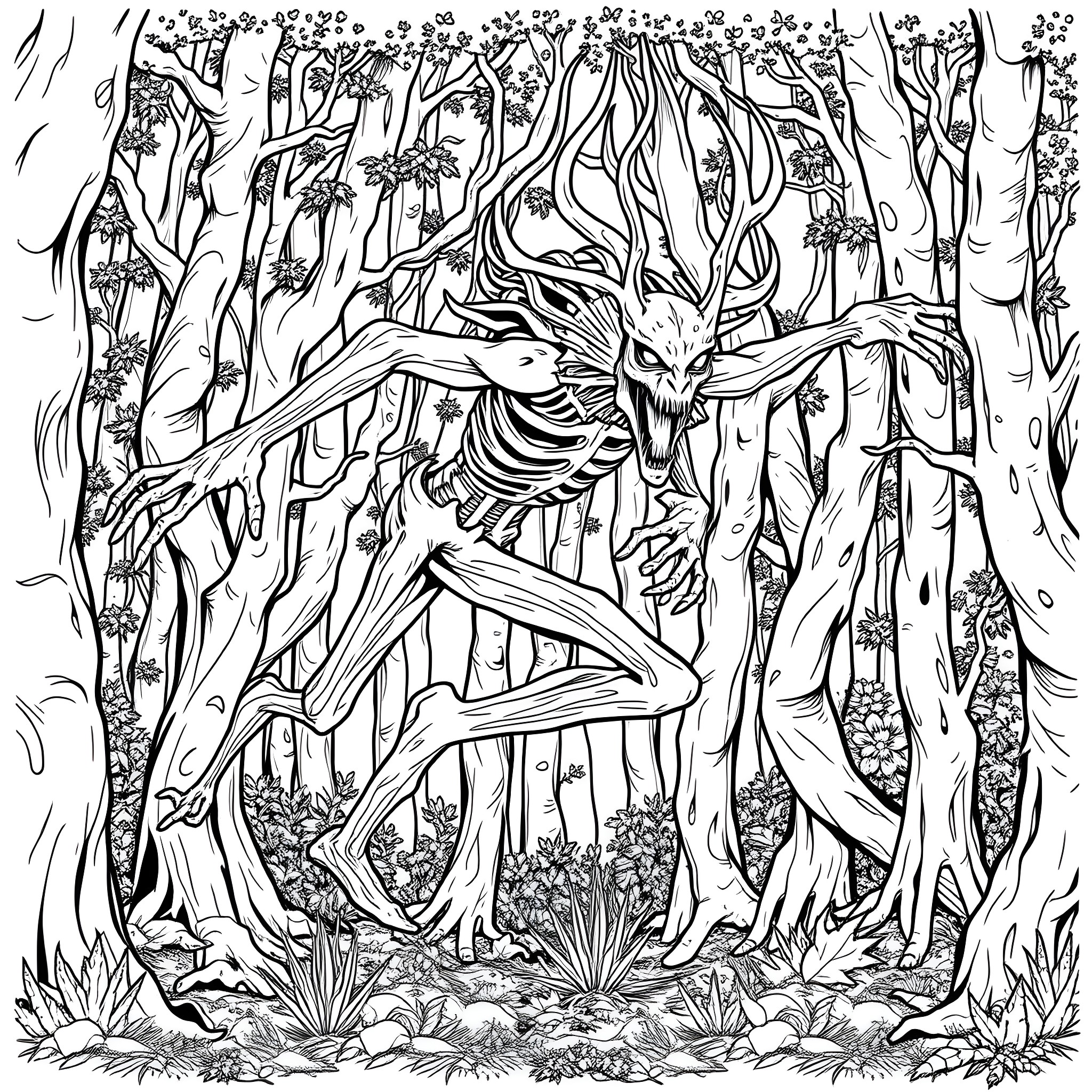 Wendigo stalking through the enchanted forest Coloring Page (free black-and-white line drawing printable PDF for all, from beginners to advanced learners, including children, teens, adults, and seniors)