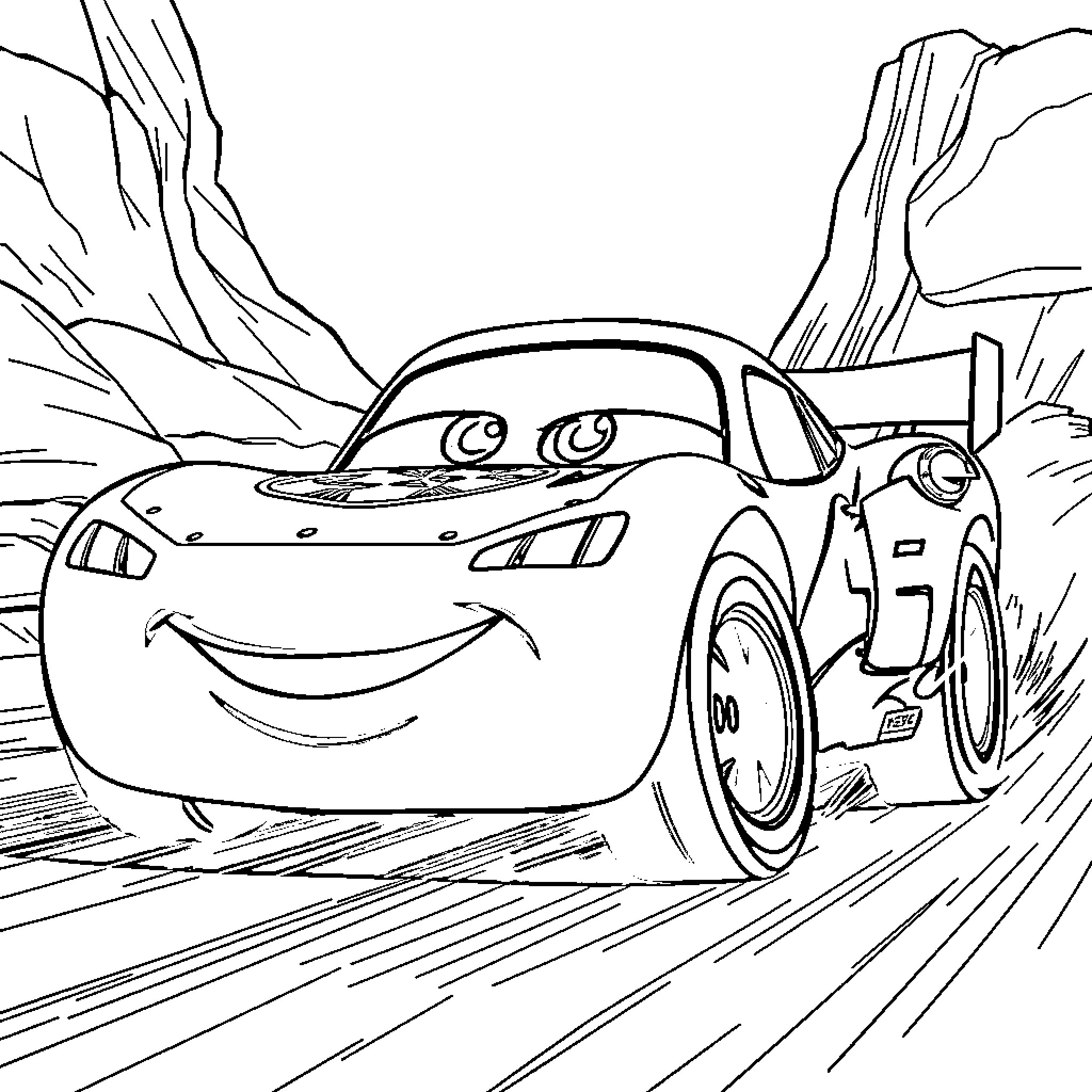 Rayo McQueen zooming through the racetrack Coloring Page (free black-and-white line drawing printable PDF for all, from beginners to advanced learners, including children, teens, adults, and seniors)