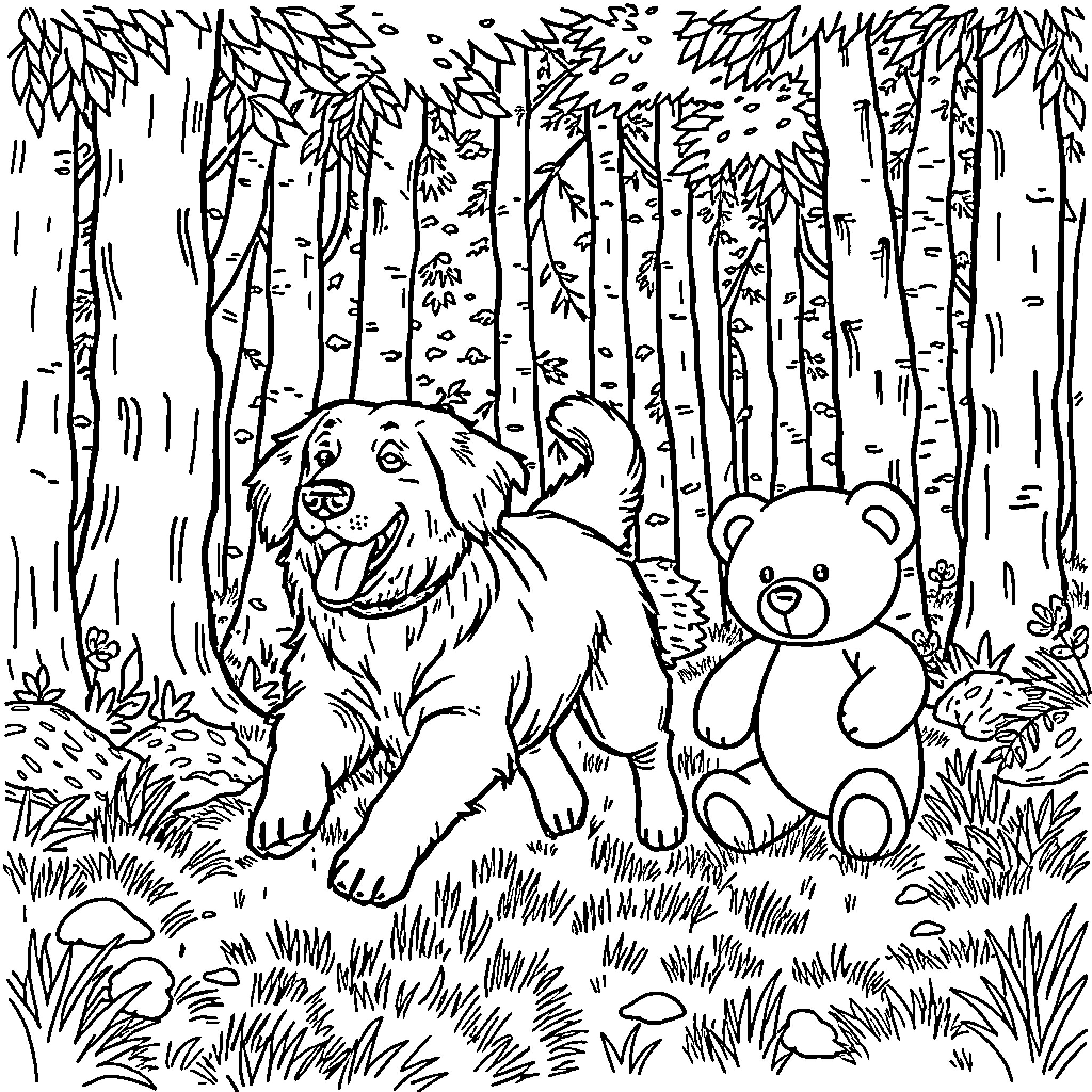 Retriever and Teddy Bear in the Enchanted Forest Coloring Page (free black-and-white line drawing printable PDF for all, from beginners to advanced learners, including children, teens, adults, and seniors)