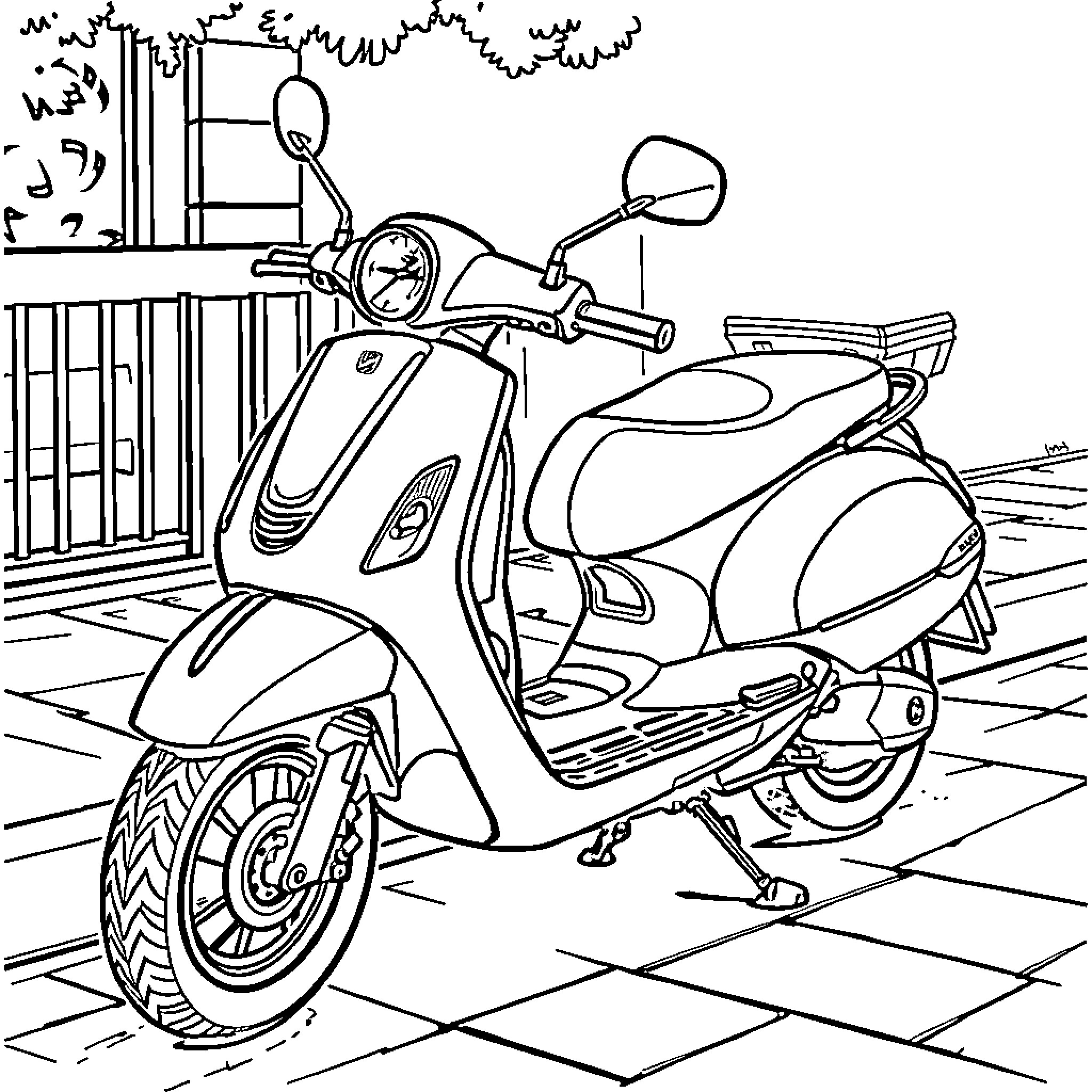 Honda Spree scooter parked on city street Coloring Page (free black-and-white line drawing printable PDF for all, from beginners to advanced learners, including children, teens, adults, and seniors)