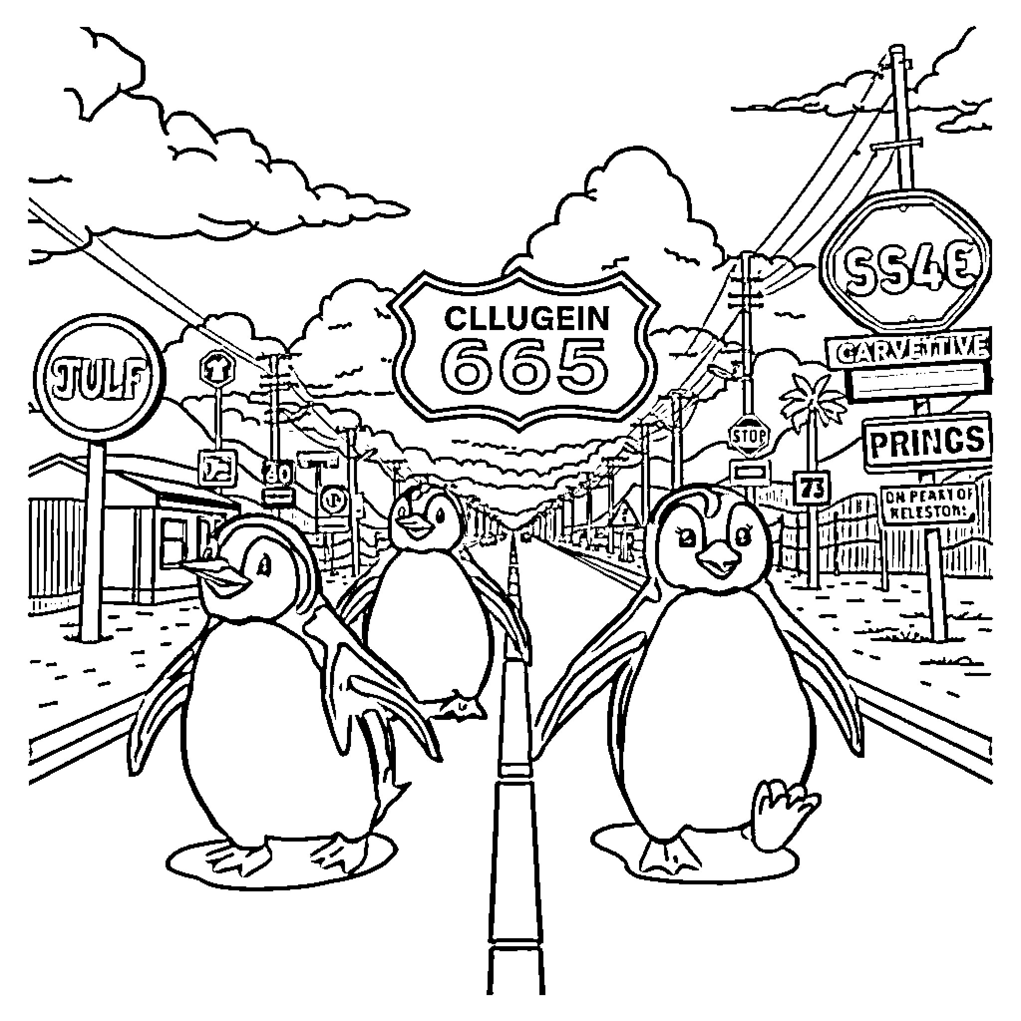 Penguins exploring the Clugein 665 road sign Coloring Page (free black-and-white line drawing printable PDF for all, from beginners to advanced learners, including children, teens, adults, and seniors)